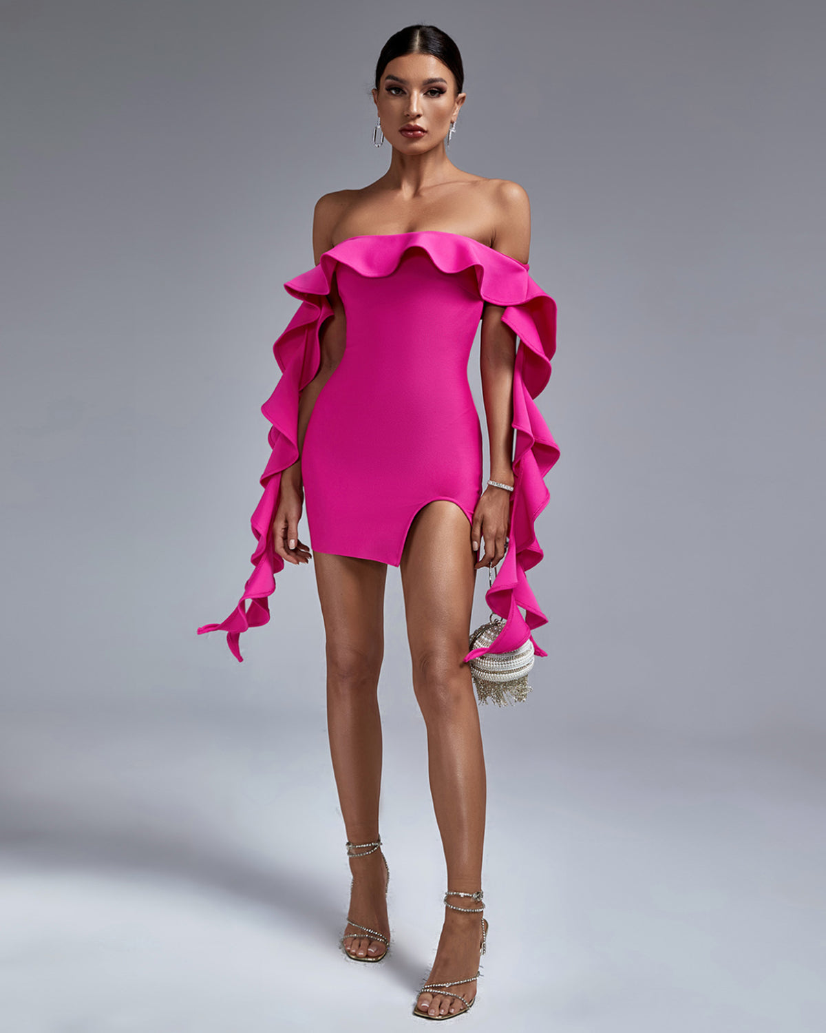 pink off shoulder bandage dress Selene Off Shoulder Bandage Mini Dress - Magenta