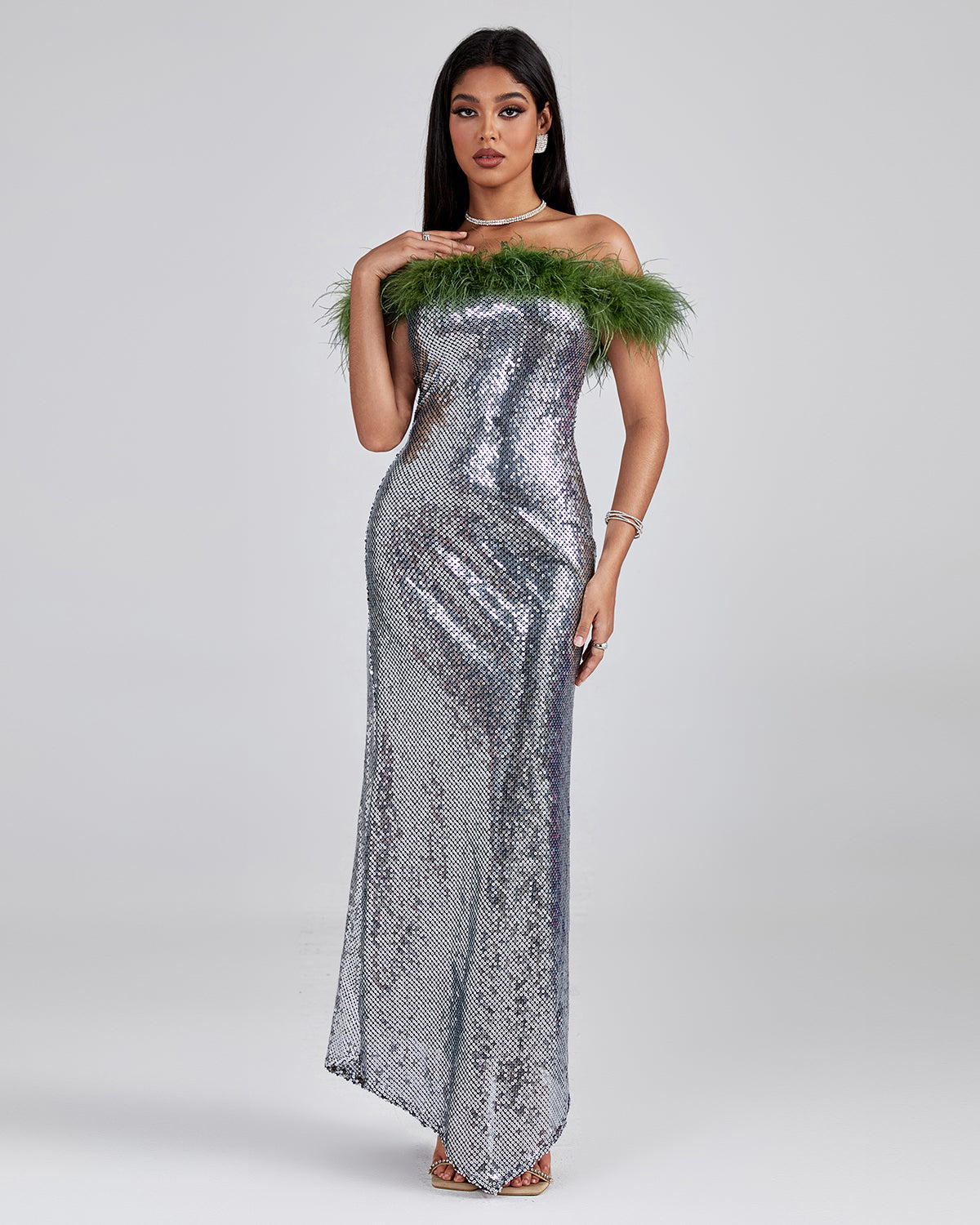 New Year |Feather Off Shoulder Sequin Maxi Dress SJ081513 | Wolddress Silver/Size:XS New Year |Feather Off Shoulder Sequin Maxi Dress SJ081513 | Wolddress Silver/Size:XS