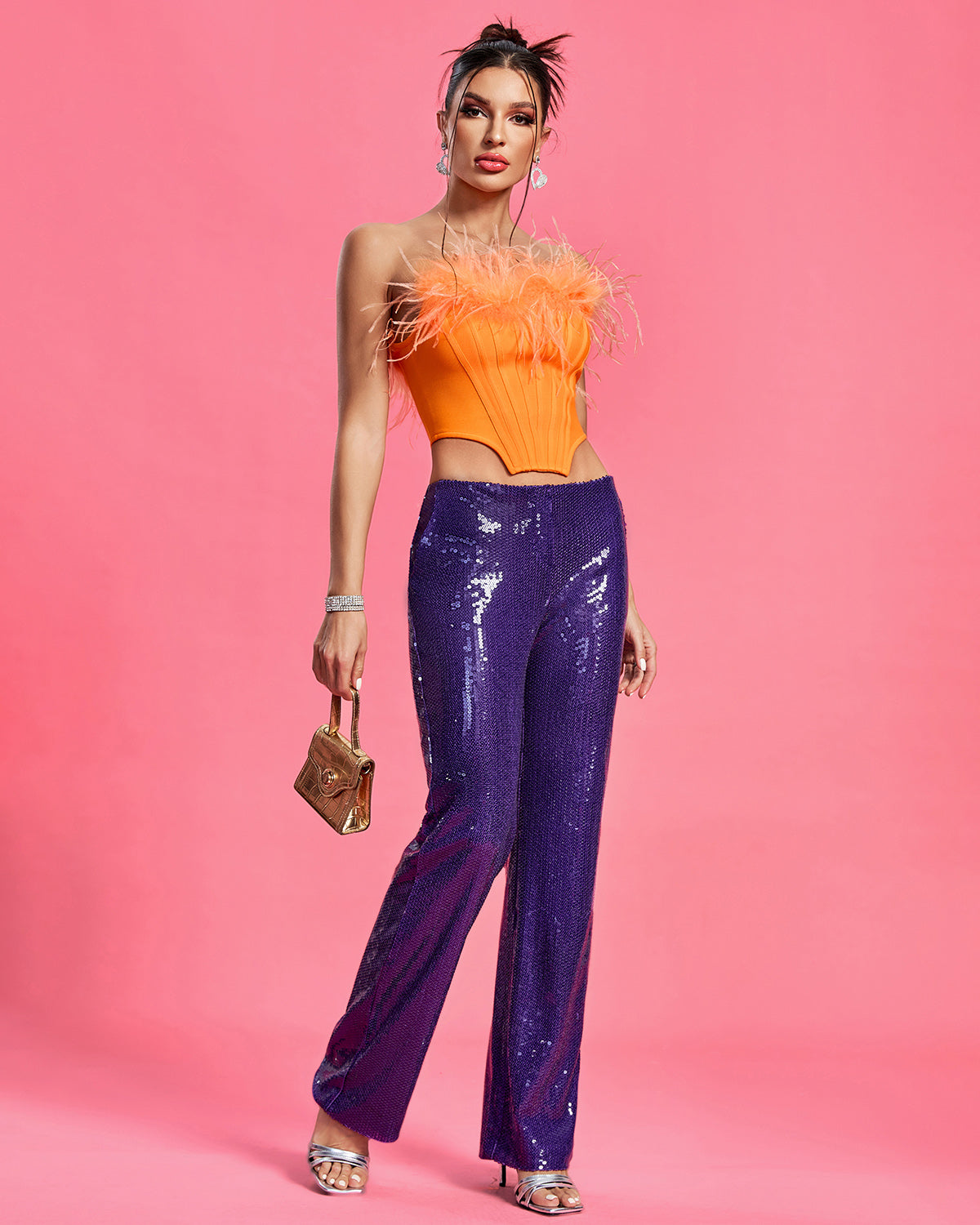 Purple Sequin Pants & Feather Corset Set