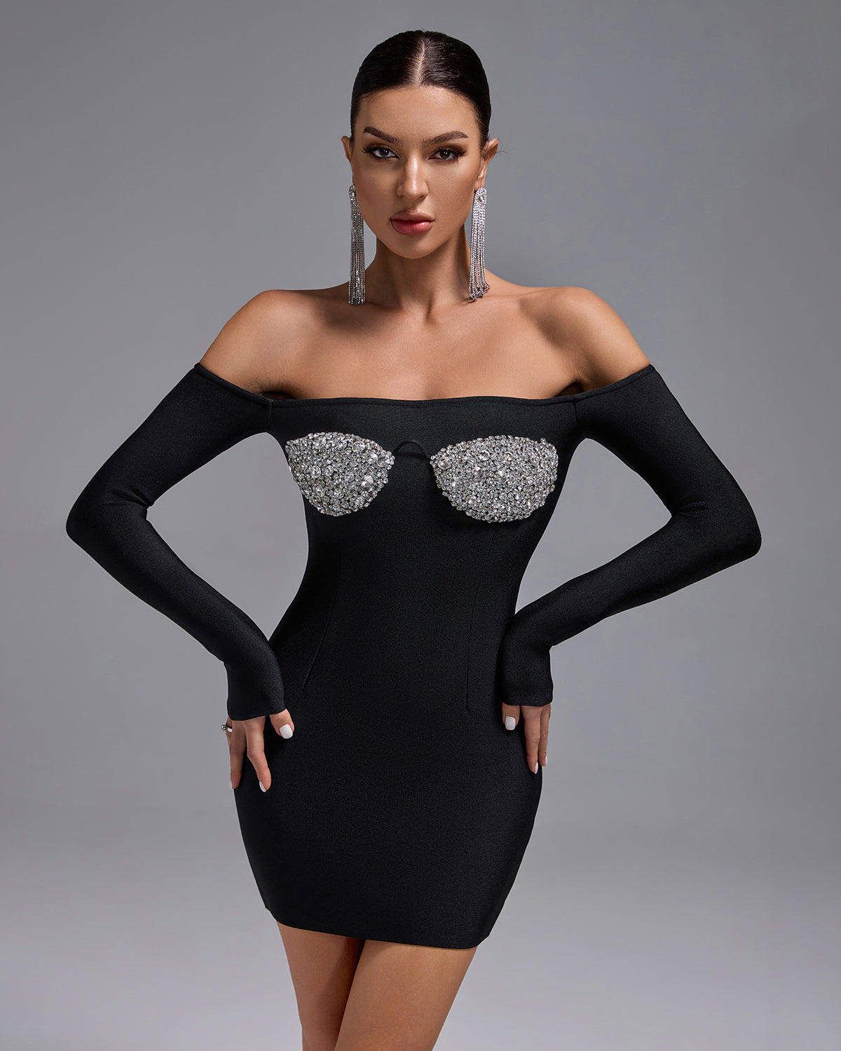 Off Shoulder Crystal-Bra Bandage Dress BD2498 Off Shoulder Crystal-Bra Bandage Dress BD2498