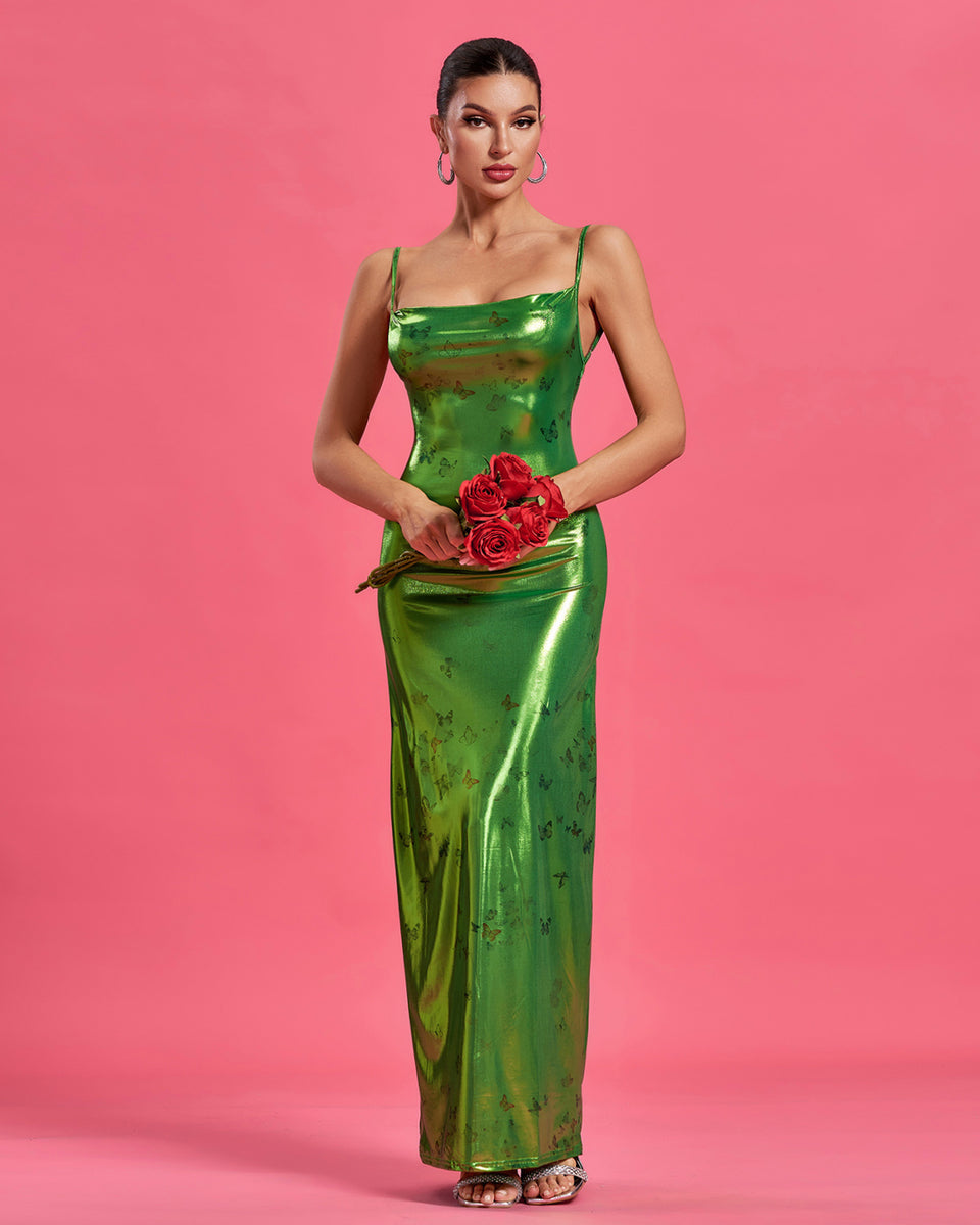 Metallic one shoulder irregular backless maxi dress
