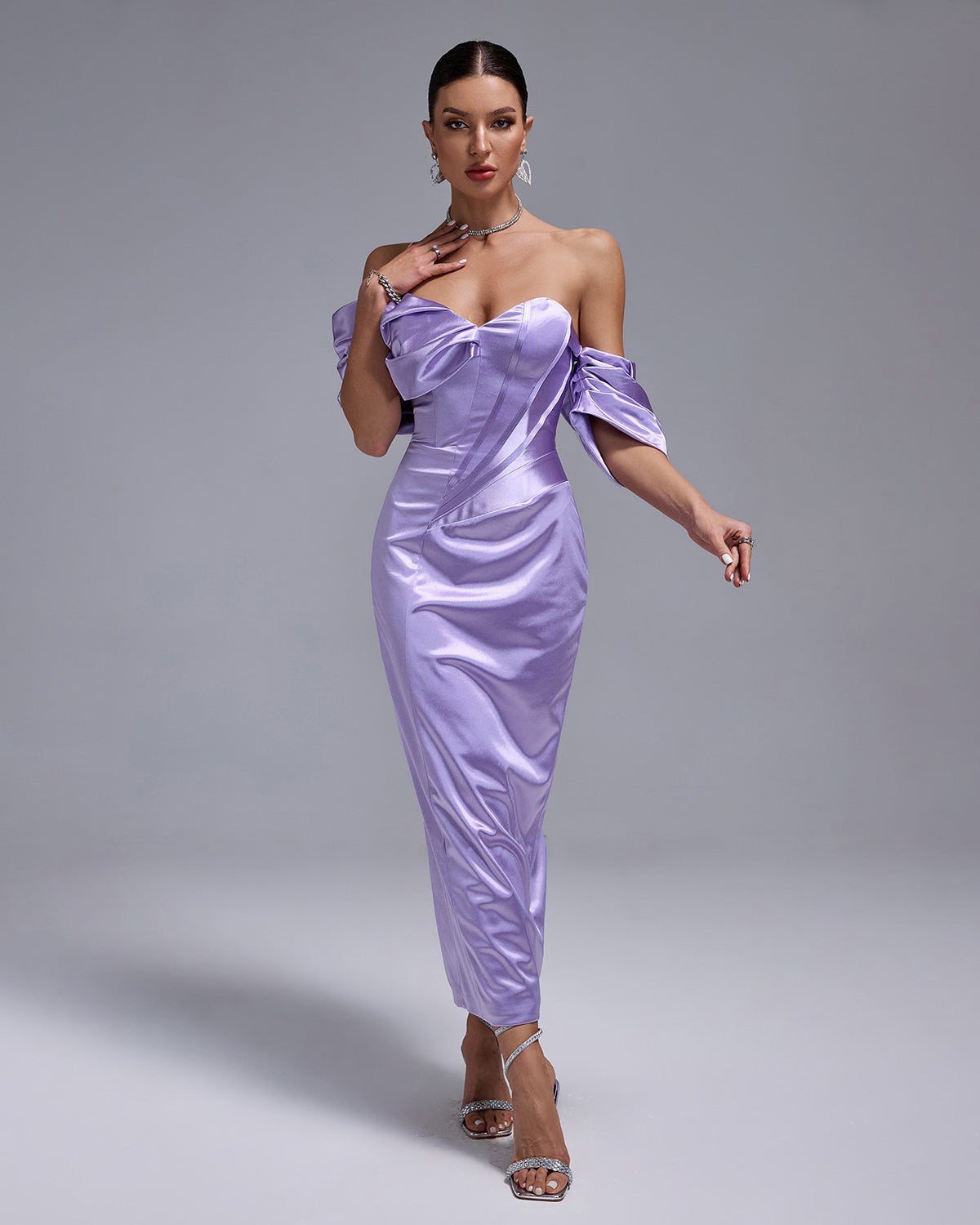 Lavender Satin Off Shoulder Midi Dress