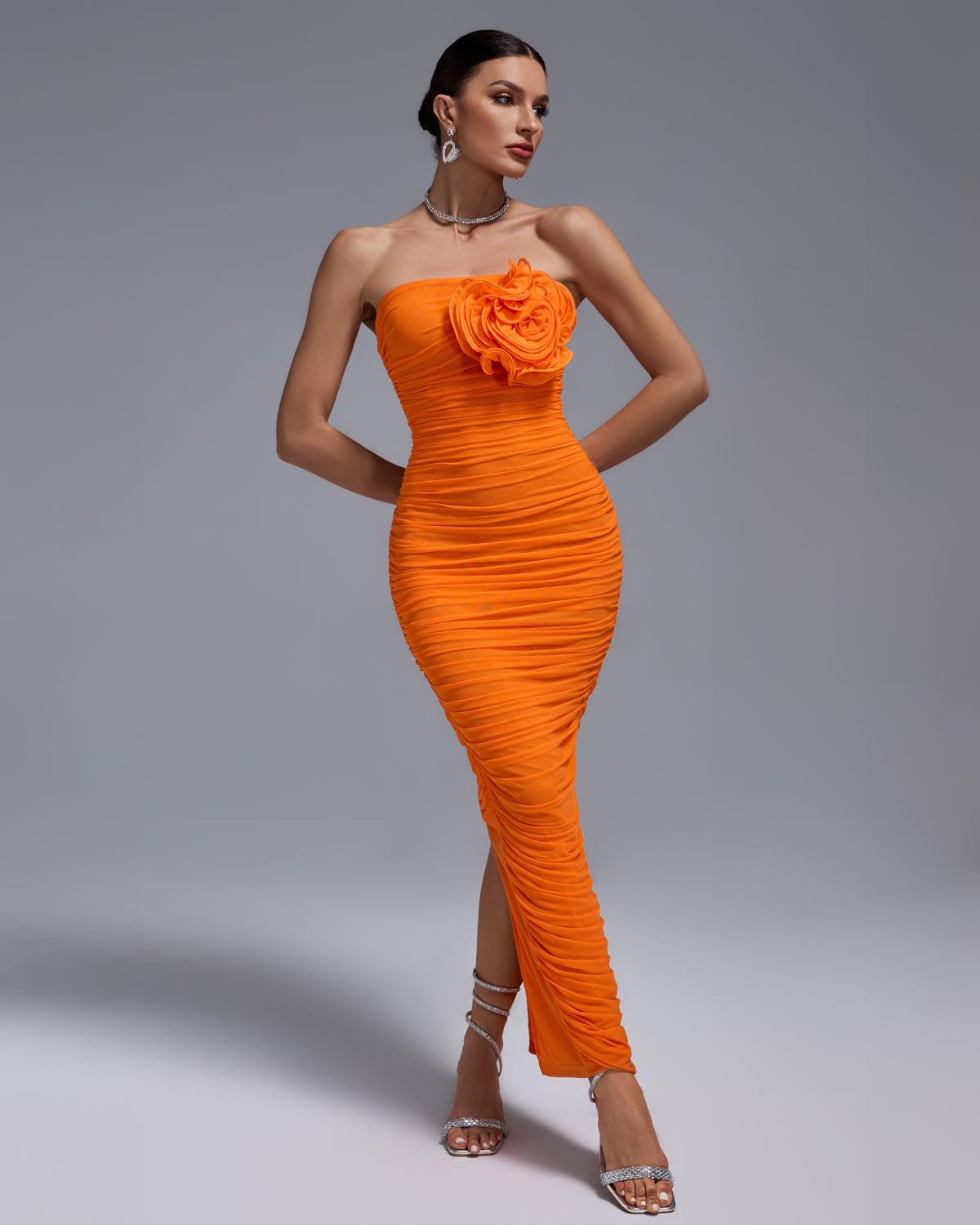 Open Back Ruched Flower Bodycon Dress by Wolddress Luxury Party Open Back Ruched Flower Bodycon Dress by Wolddress Luxury Party