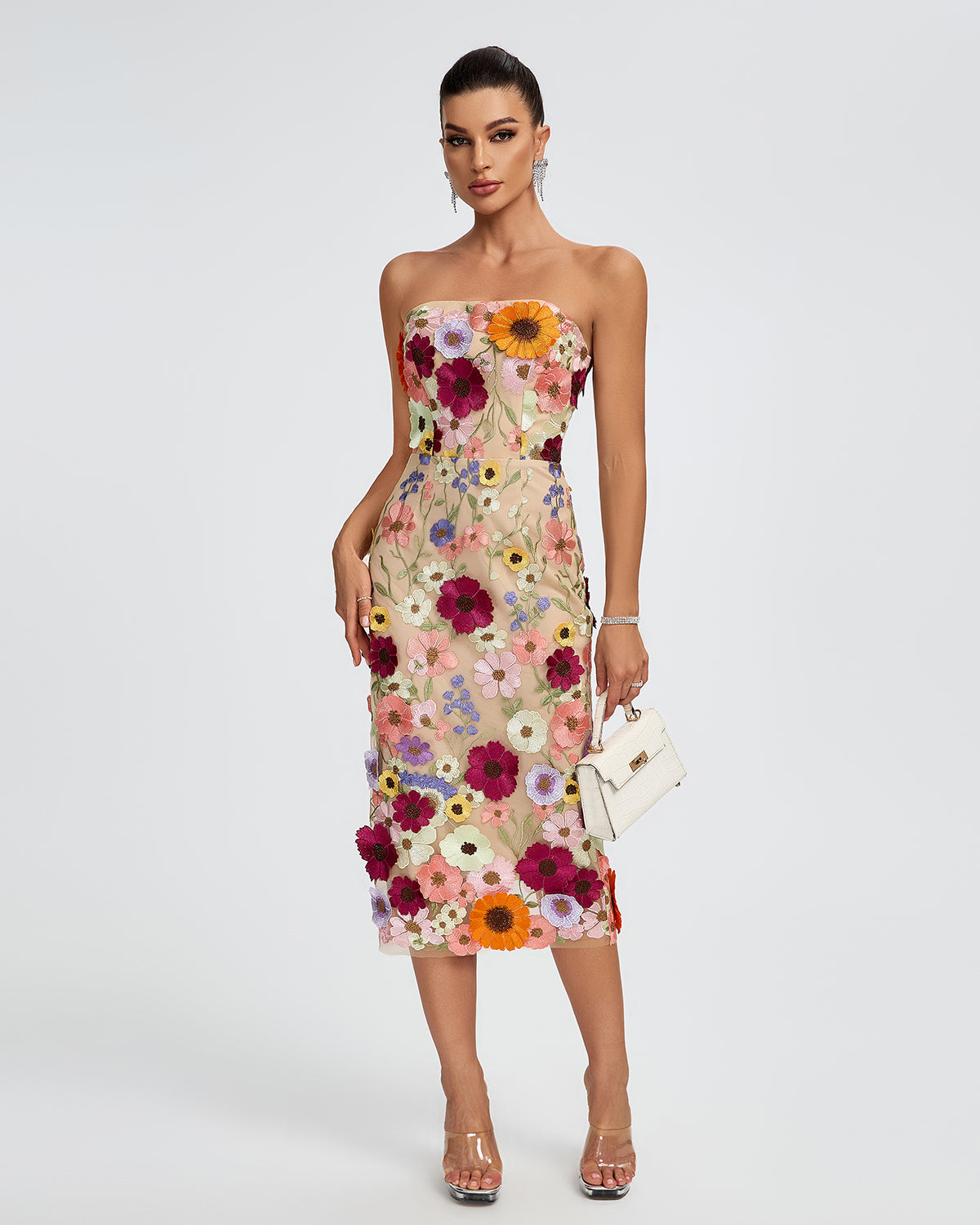 Maraya Strapless Floral Applique Midi Dress