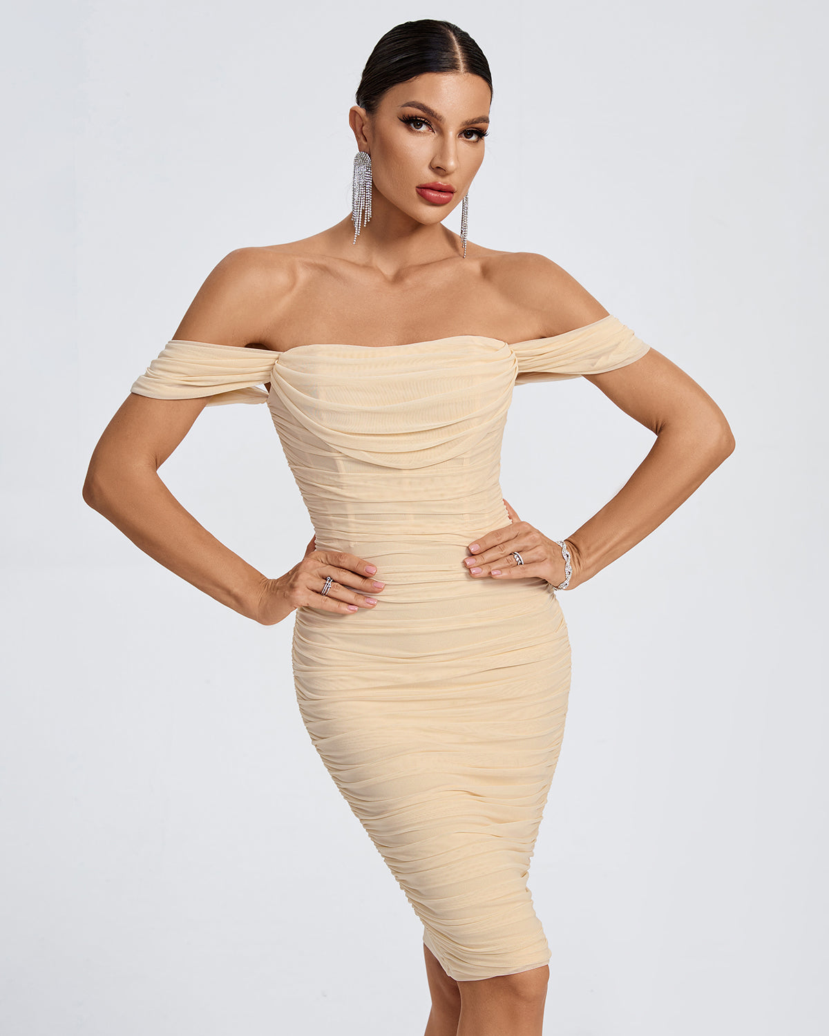 knee length dresses for ladies Off Shoulder Ruched Mesh Bodycon Dress, Blue / Xs