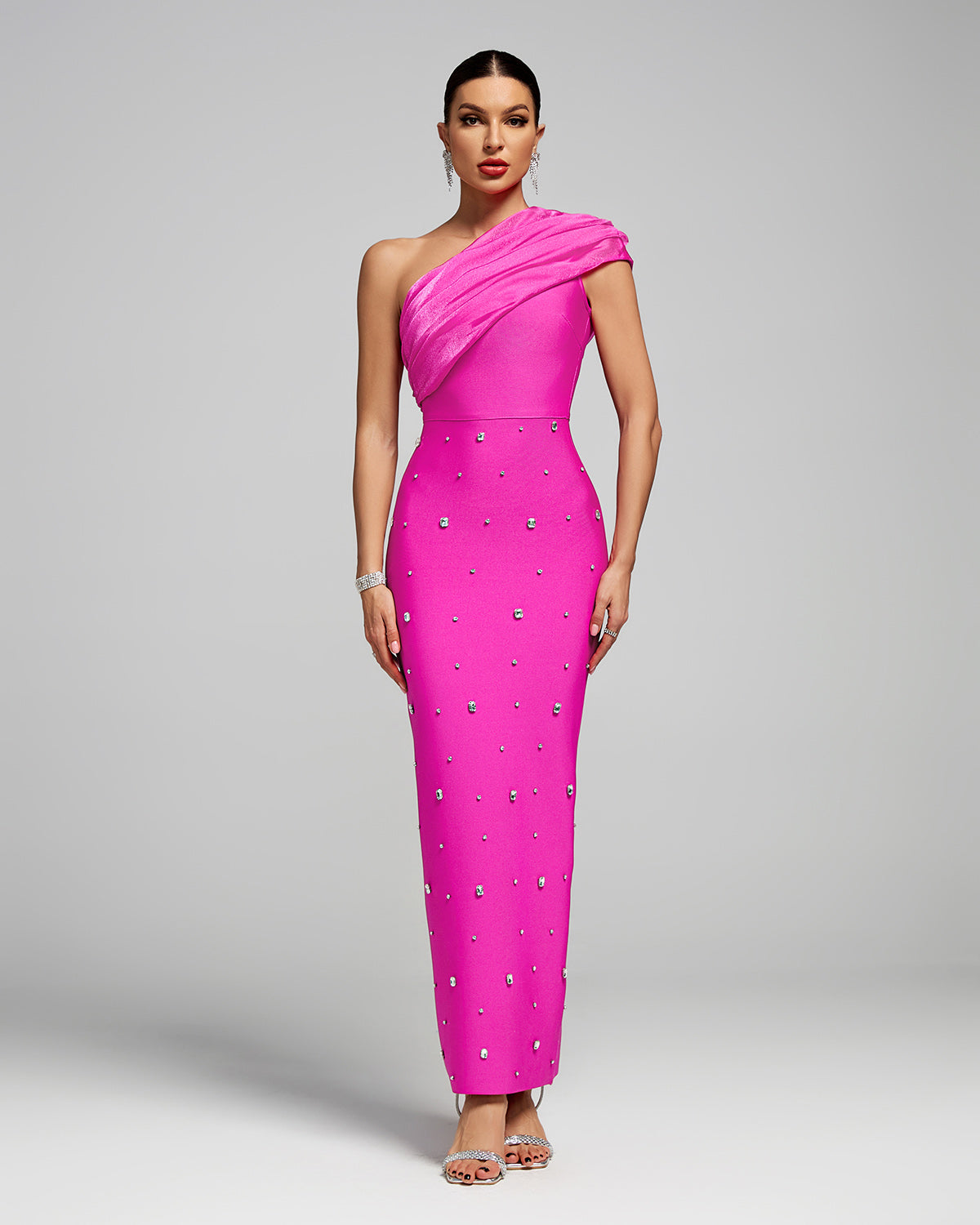 bandage one shoulder dress Palez Sleeveless One Shoulder Diamond Bow Bandage Maxi Dress