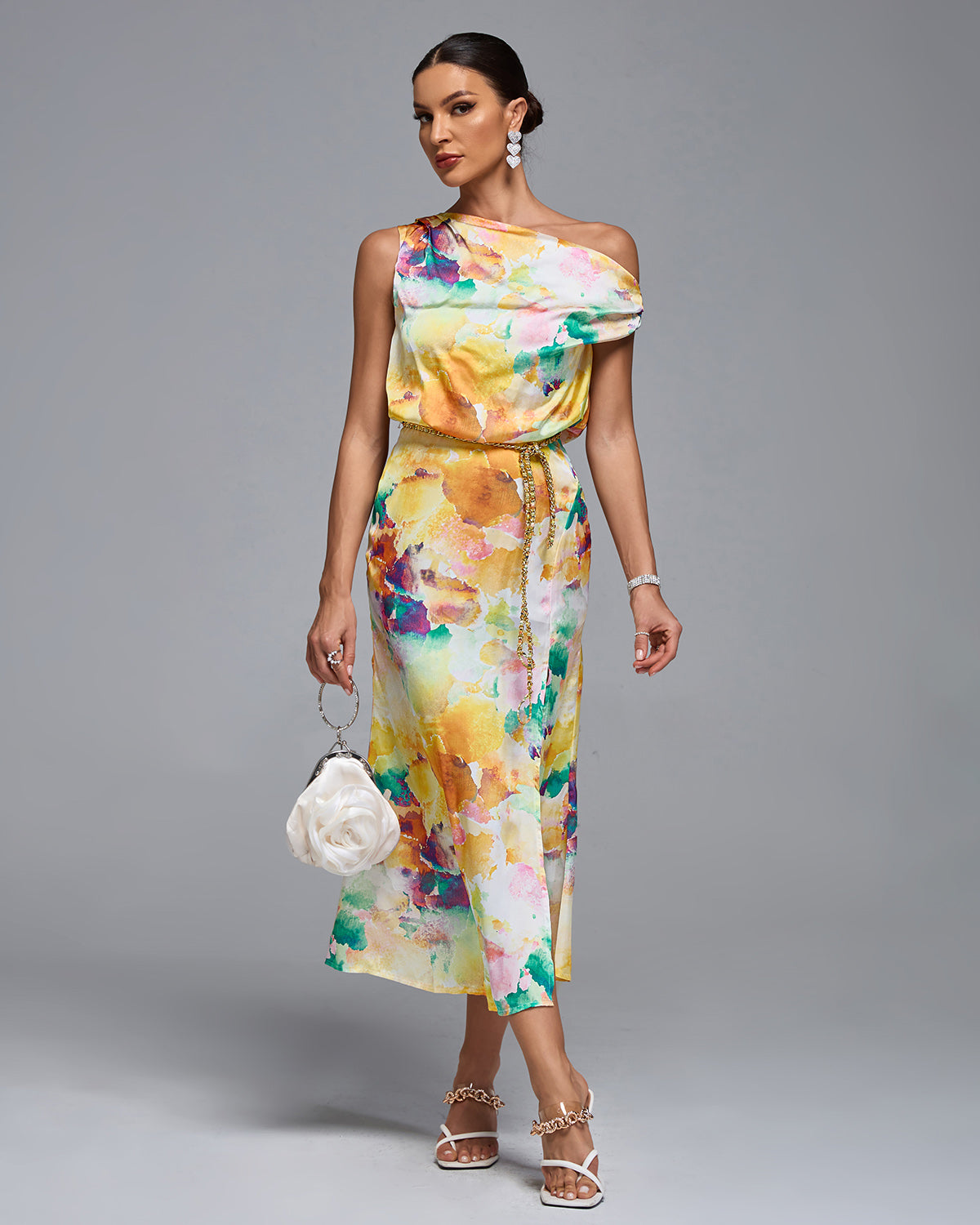 One Shoulder Tie-dye Print Midi Dress One Shoulder Tie-dye Print Midi Dress