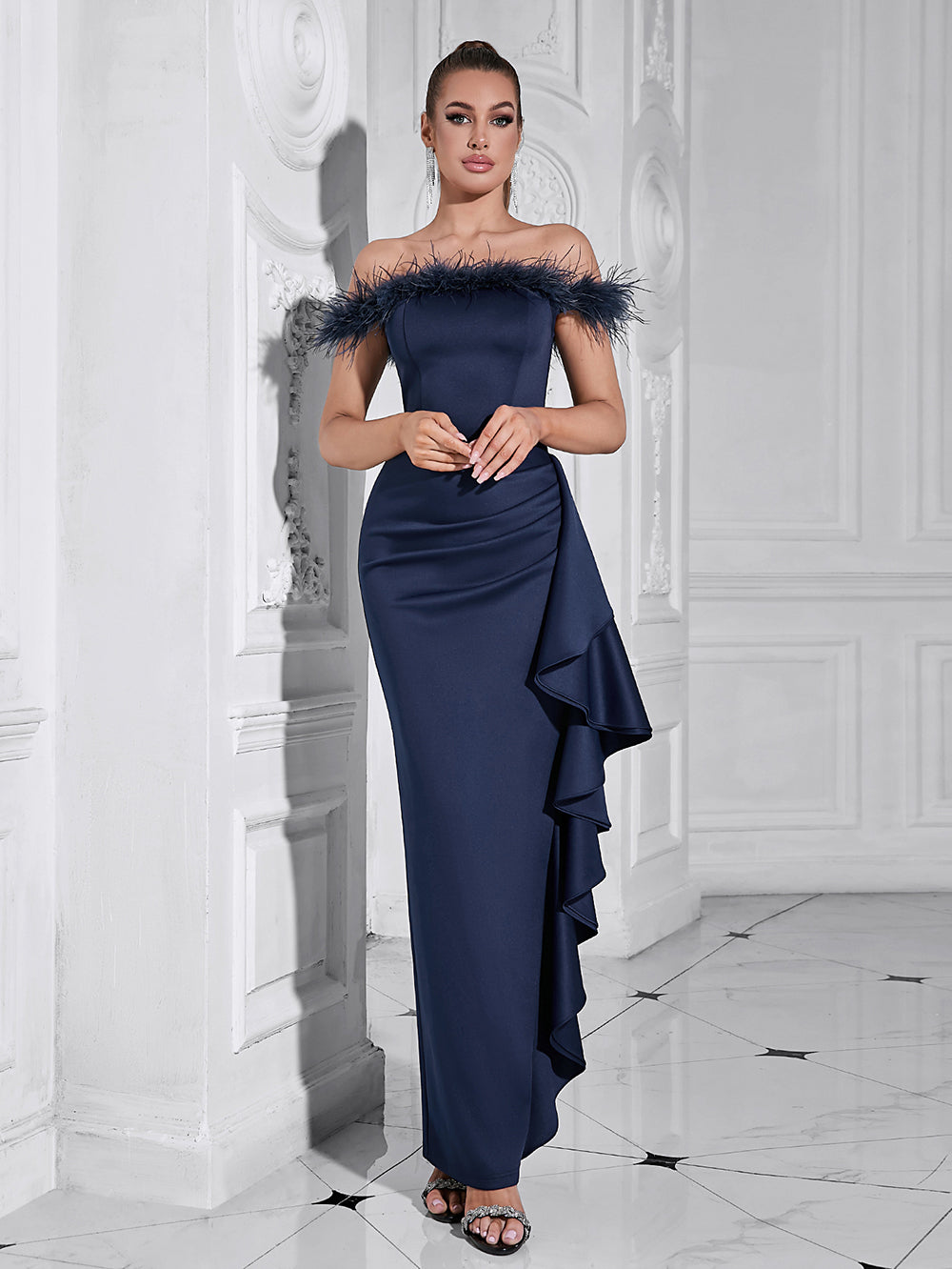 Off Shoulder Feather Collar Drap Ruffle Trim Fitted Dress | Wolddress wolddress Off Shoulder Feather Collar Drap Ruffle Trim Fitted Dress | Wolddress wolddress