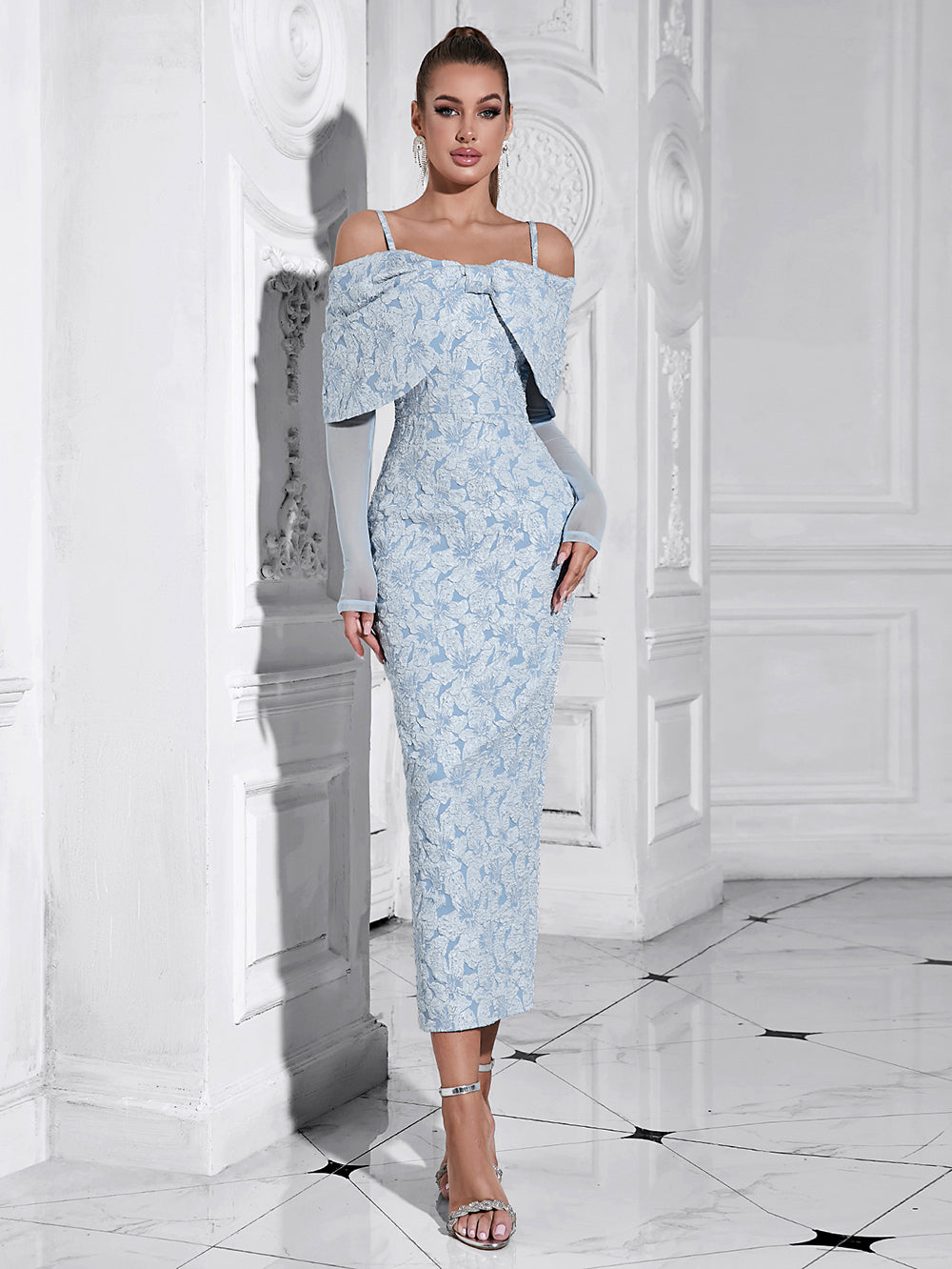 strappy long sleeve dress Satin Plunge Collar Long-Sleeve Strappy Maxi Dress