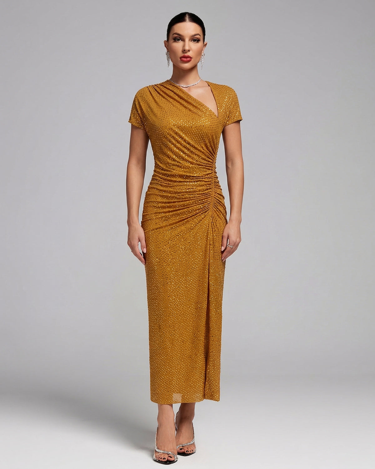 gold rhinestone mesh dress Cleo Rhinestone Mesh Maxi Dress - Gold