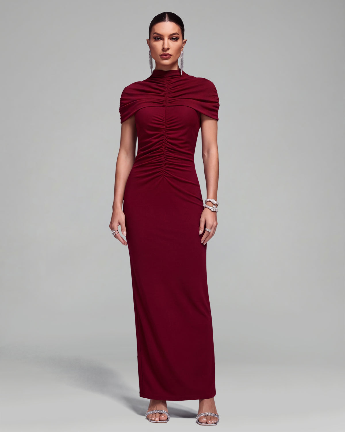 High Neck Ruched Bodycon Maxi Dress