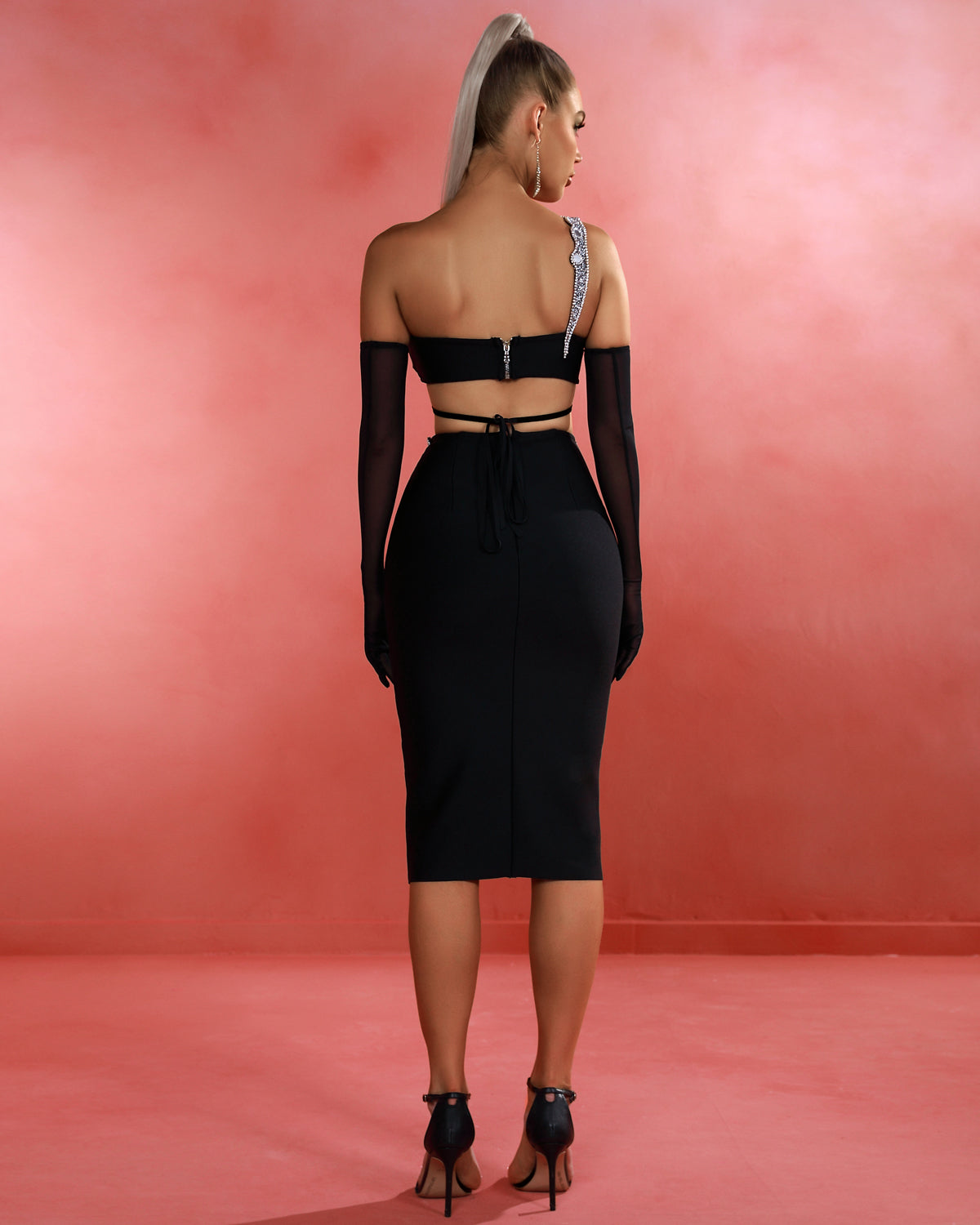Crystal & Sequined Black Midi Skirt Set