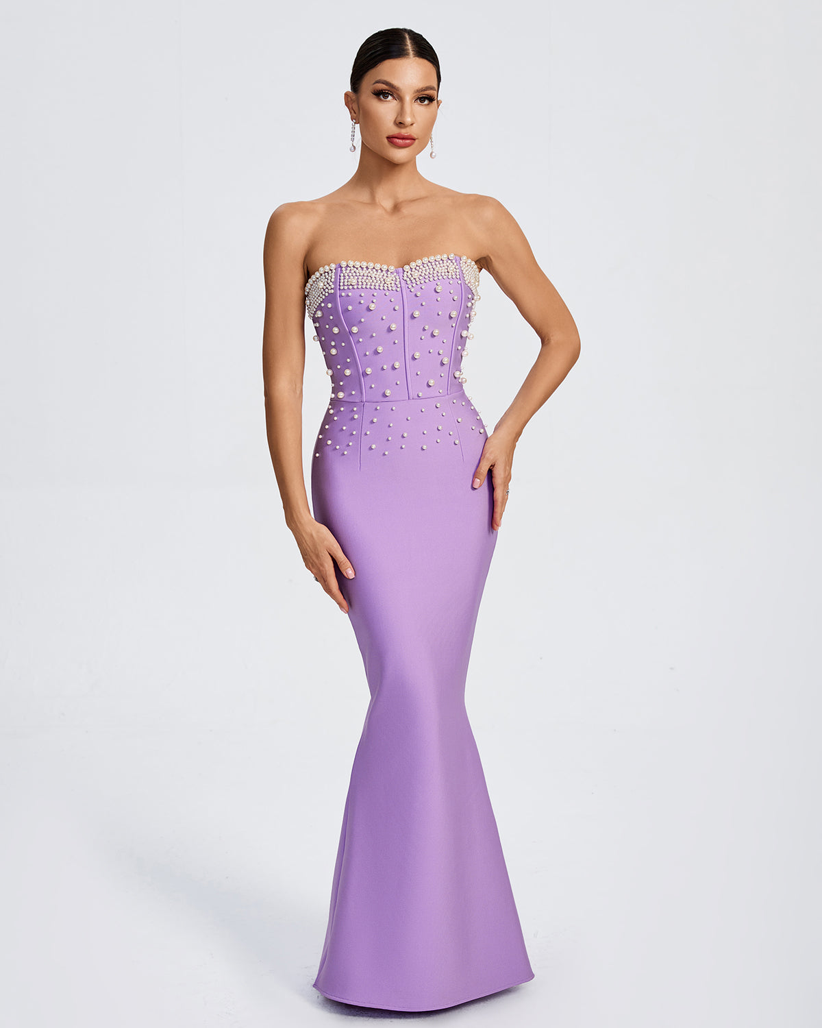 Shaila Pearl Detail Maxi Mermaid Bandage Maxi Dress Xs / Purple