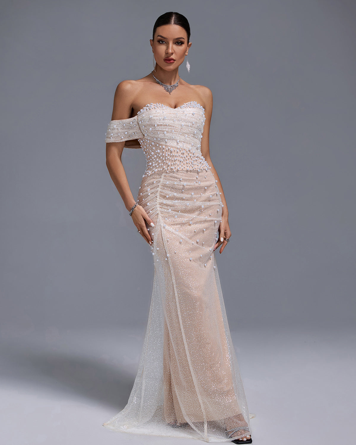 Off Shoulder Pearl Beaded Gauze Maxi Dress HT1002 | Wolddress wolddress Off Shoulder Pearl Beaded Gauze Maxi Dress HT1002 | Wolddress wolddress