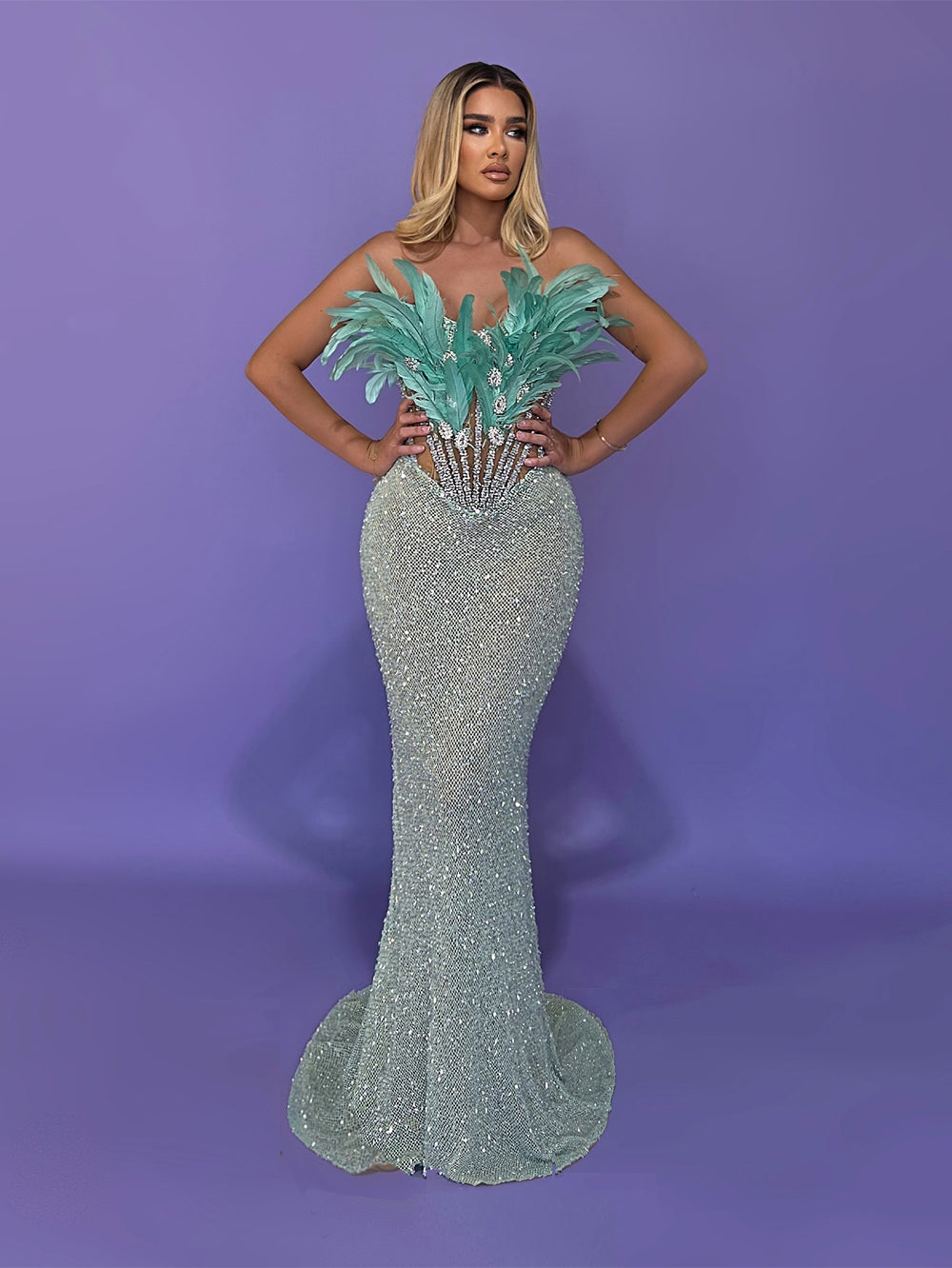 Brynthia Strapless Feather Corset Sequin Maxi Dress In Green L Brynthia Strapless Feather Corset Sequin Maxi Dress In Green L