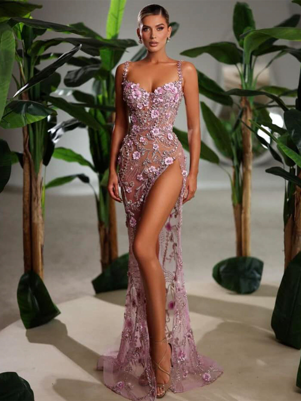 Strappy Sleeveless Peach Blossom Slit Maxi Bodycon Dress HT20720 | Wolddress wolddress Strappy Sleeveless Peach Blossom Slit Maxi Bodycon Dress HT20720 | Wolddress wolddress