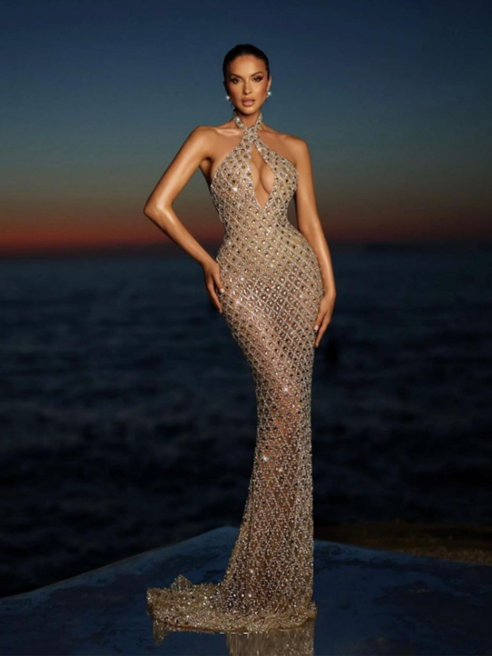 Women' Halter Sleeveless Sequin Flower Backless Maxi Bodycon Dress by Wolddress Summer Party