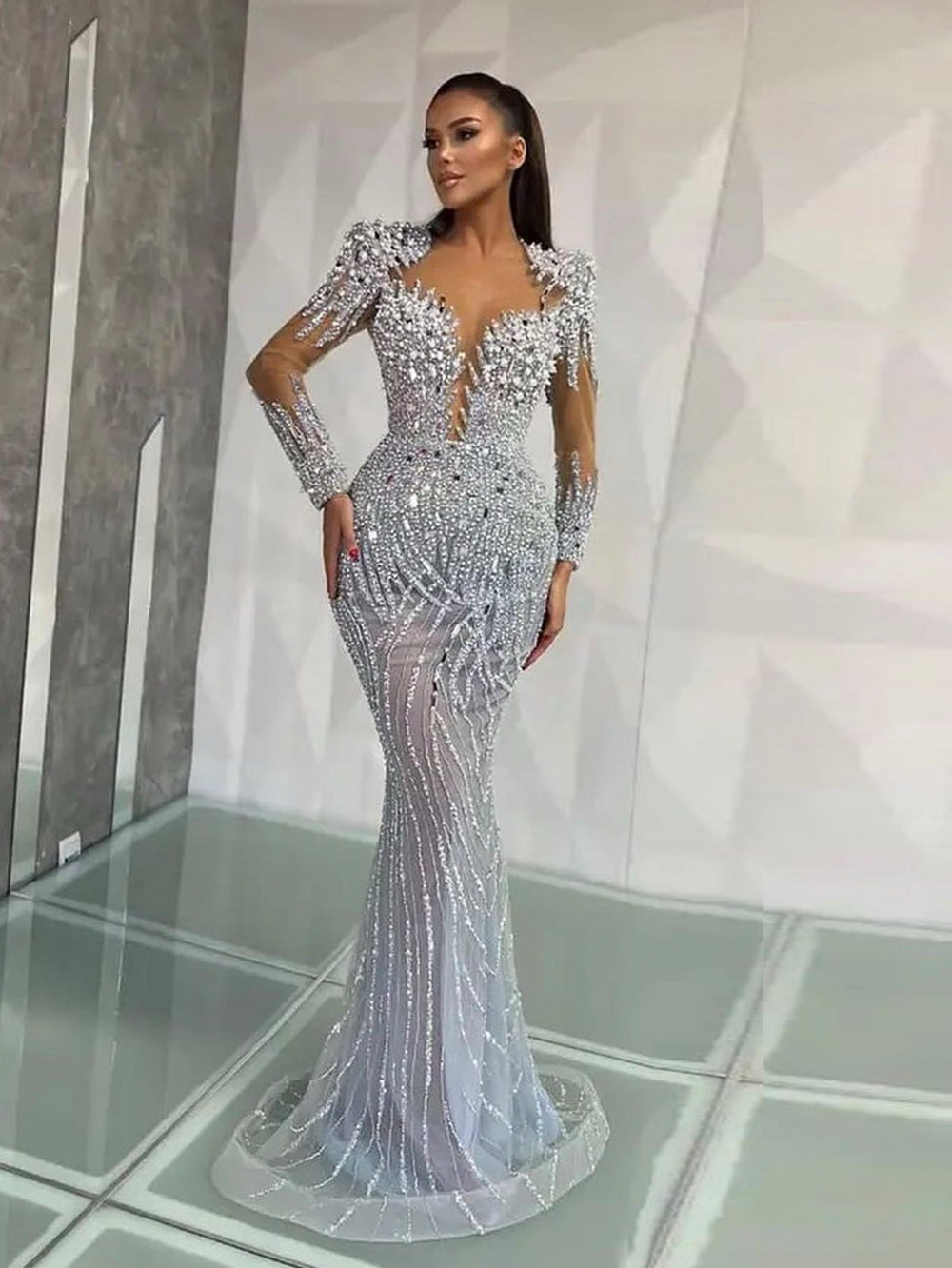 Round Neck Long Sleeve Exquisite Elaborate Craftsmanship Maxi Bodycon Dress HT950 | Wolddress wolddress Round Neck Long Sleeve Exquisite Elaborate Craftsmanship Maxi Bodycon Dress HT950 | Wolddress wolddress