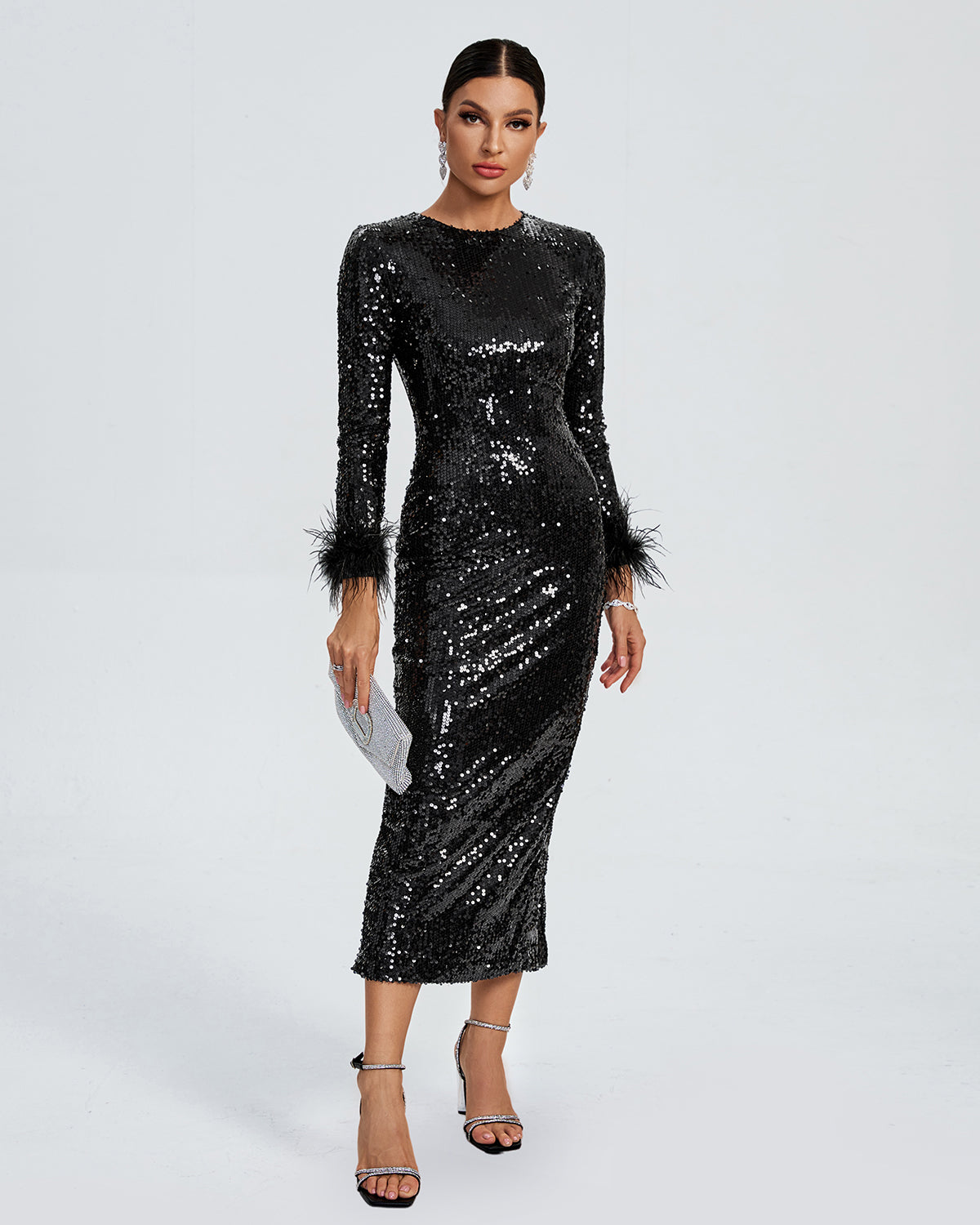 Feather Trim Midi Sequin Evening Dress KLYF1054 | Wolddress wolddress Feather Trim Midi Sequin Evening Dress KLYF1054 | Wolddress wolddress