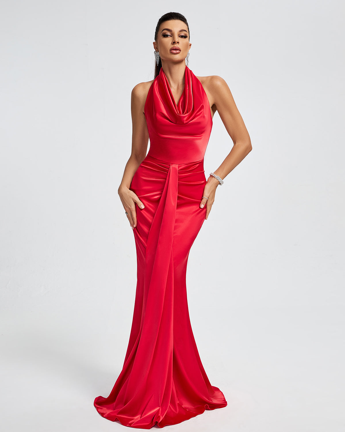 halter drape dress Halter Draped Satin Mermaid Maxi Dress by Wolddress Date Night