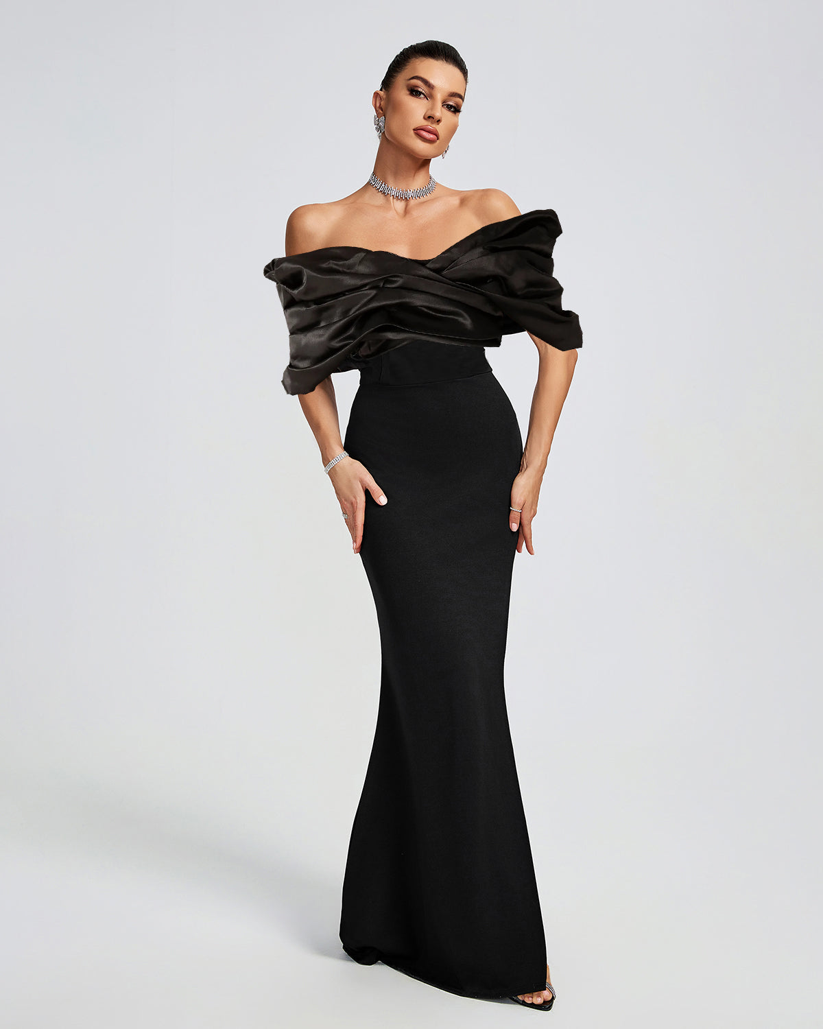 elegant bandage dresses Molao Contour Sleeveless Deep V Bow Embellished Midi Dress fitting silhouette to accentuate curves Off Shoulder Elegant Maxi Bandage