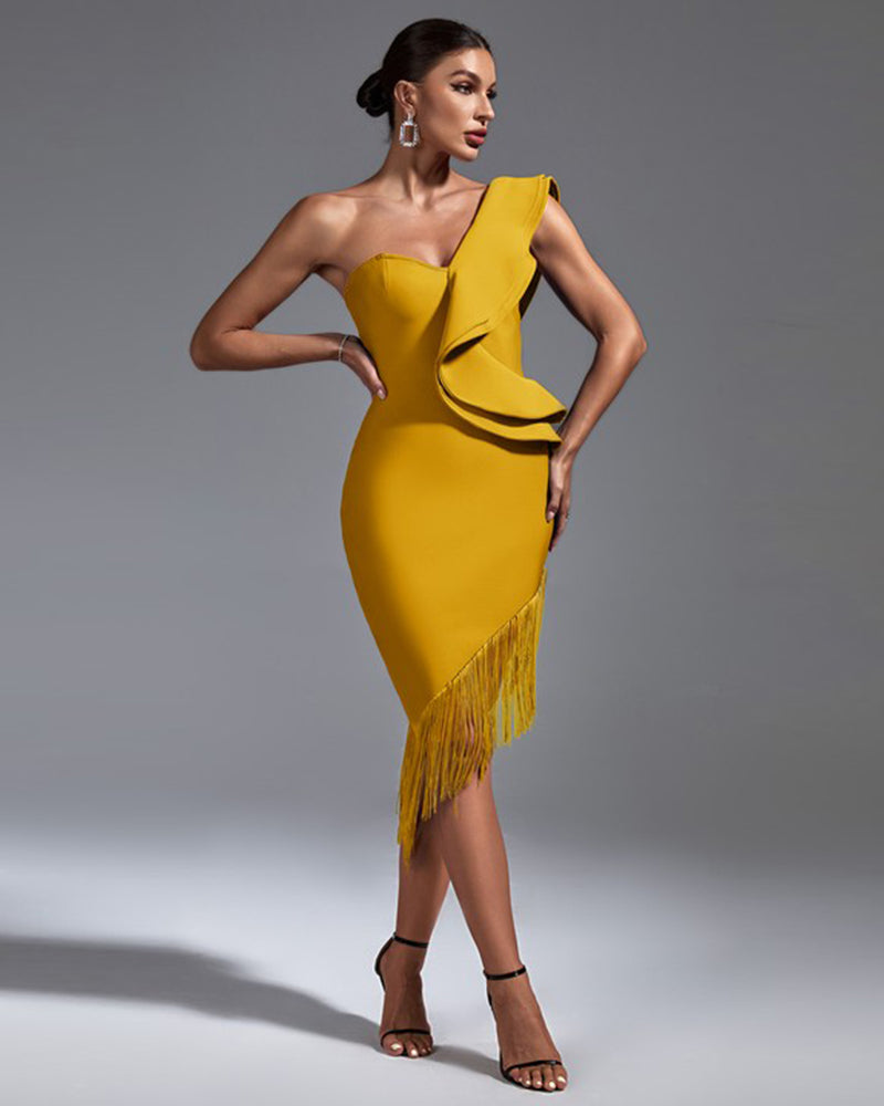 Women' One Shoulder Bandage Dress Yellow/ by Wolddress Wedding Guest Women' One Shoulder Bandage Dress Yellow/ by Wolddress Wedding Guest