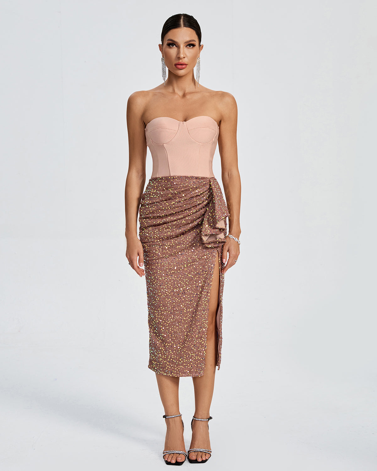 sequin draped waist dress Look 23 Blush Sequin Tulle Gown With Draped Waist 12
