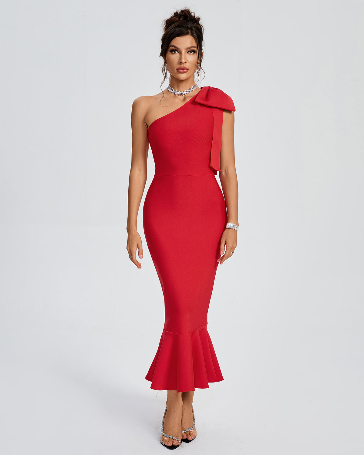 strapless open back dress Women One Shoulder Bow Bandage Fishtial Dress by Wolddress Wedding Guest