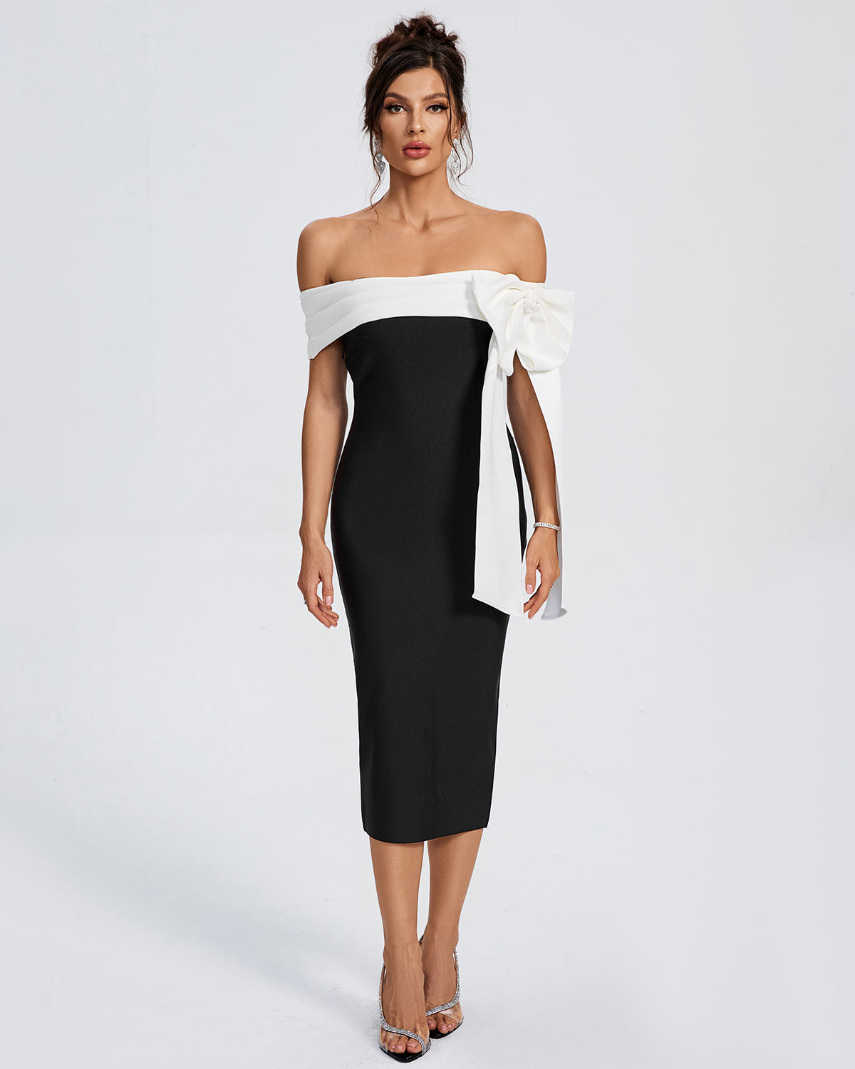 White-Bow Off Shoulder Midi Bandage Dress OW24018