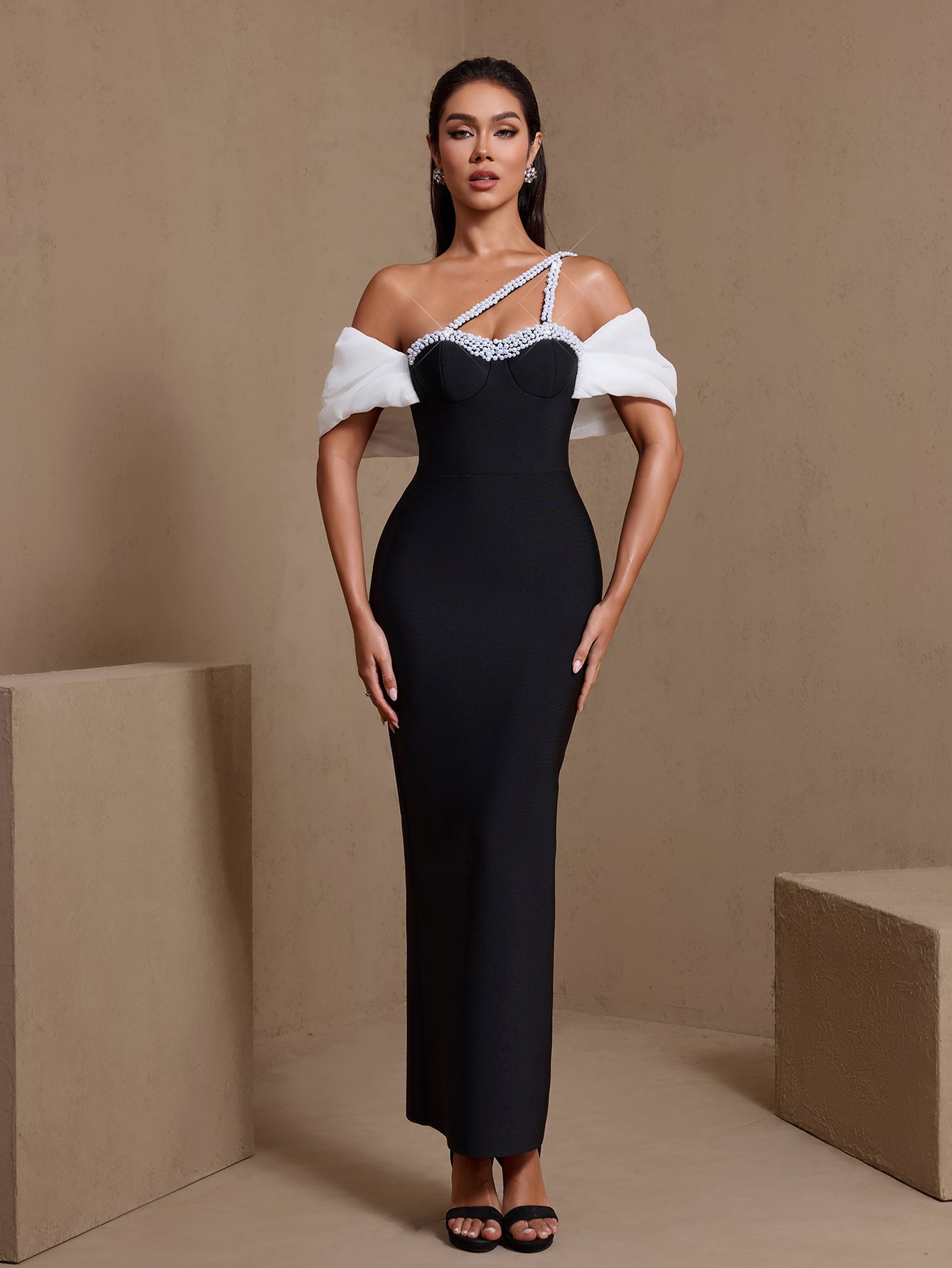 One Shoulder Pearl-Embellished Bandage Dress