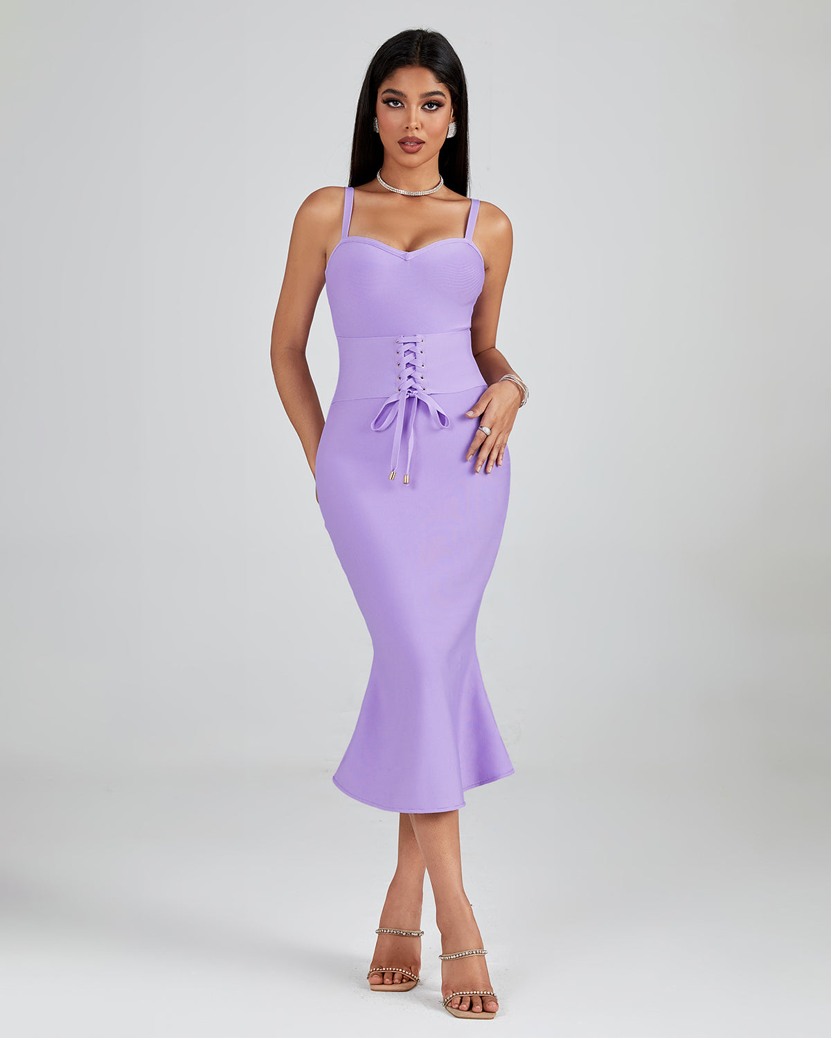 Light Purple Strappy Corset Midi Bandage Dress by Wolddress Wedding Guest