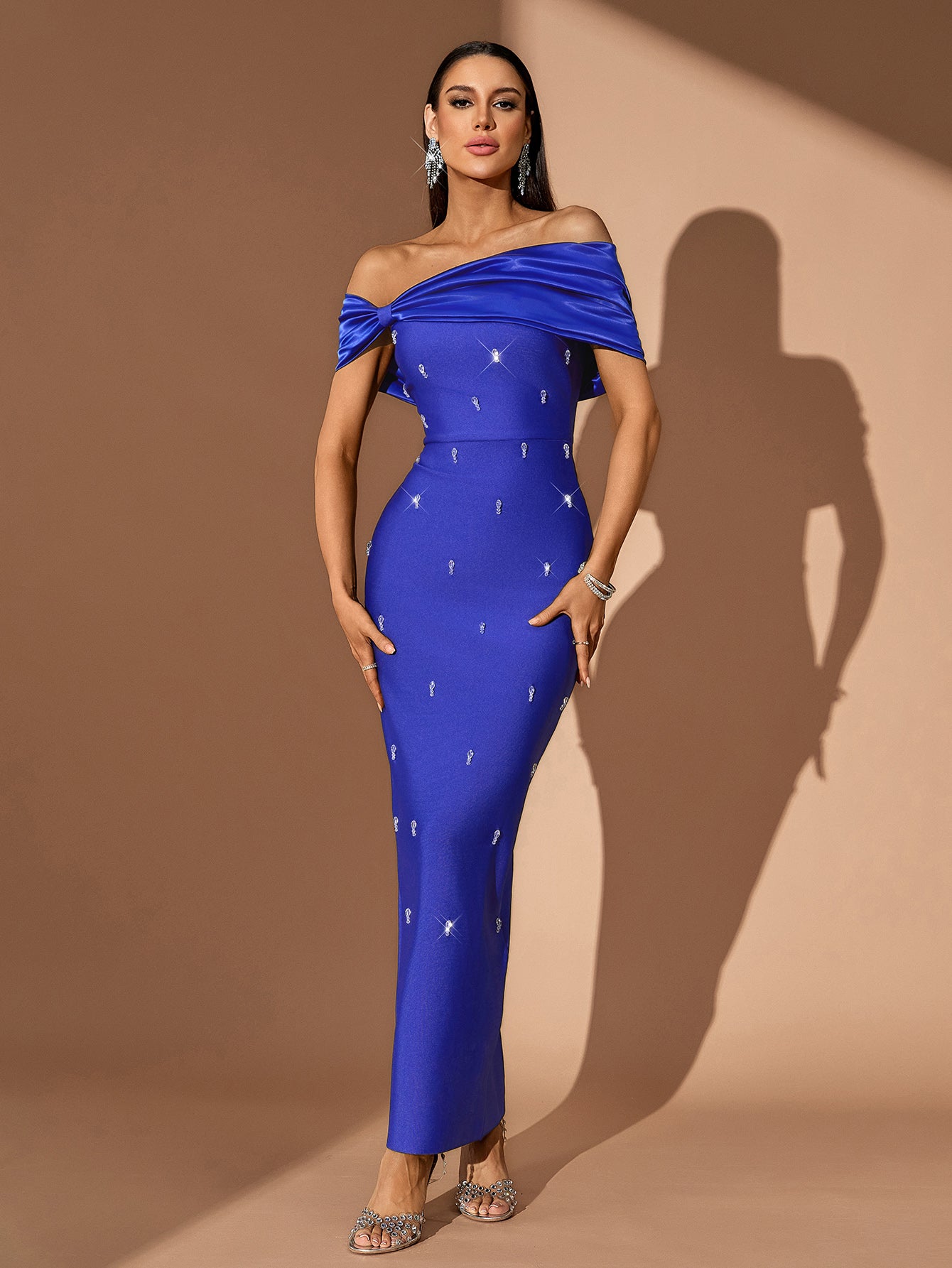 Winify Off Shoulder Rhinestone Bandage Black Maxi Dress