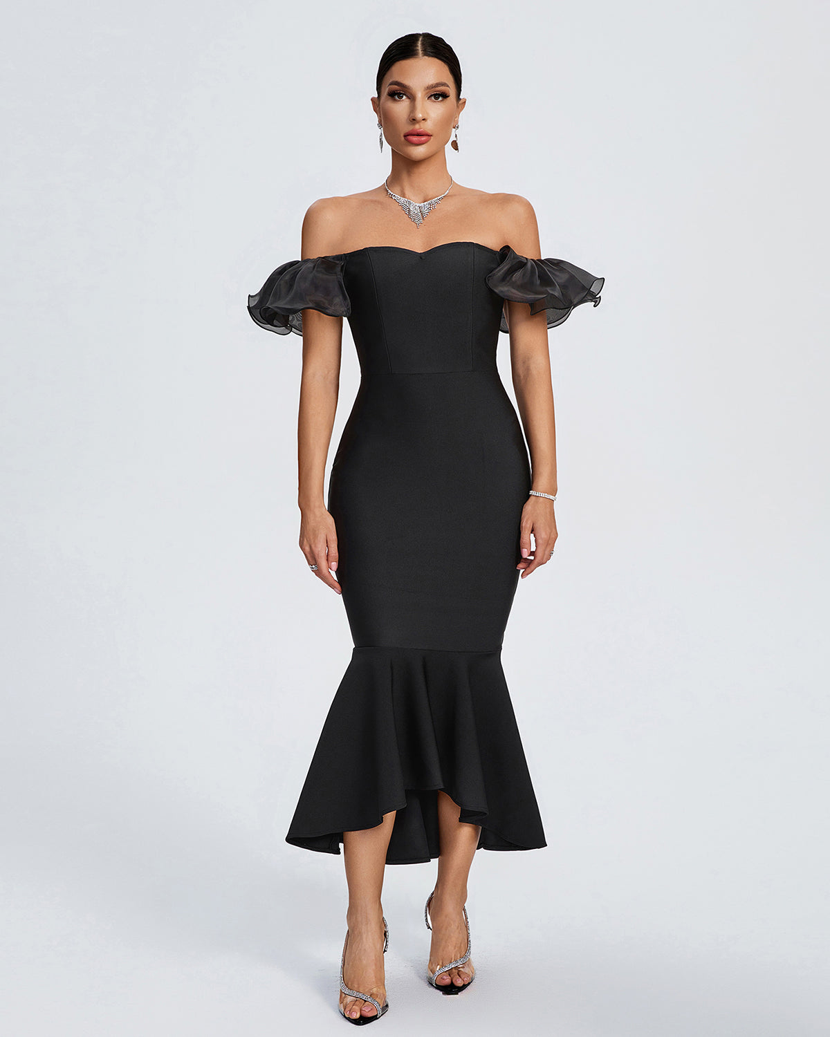 black off the shoulder fishtail dress Black Off the Shoulder Embroidered Mermaid Dress 23928