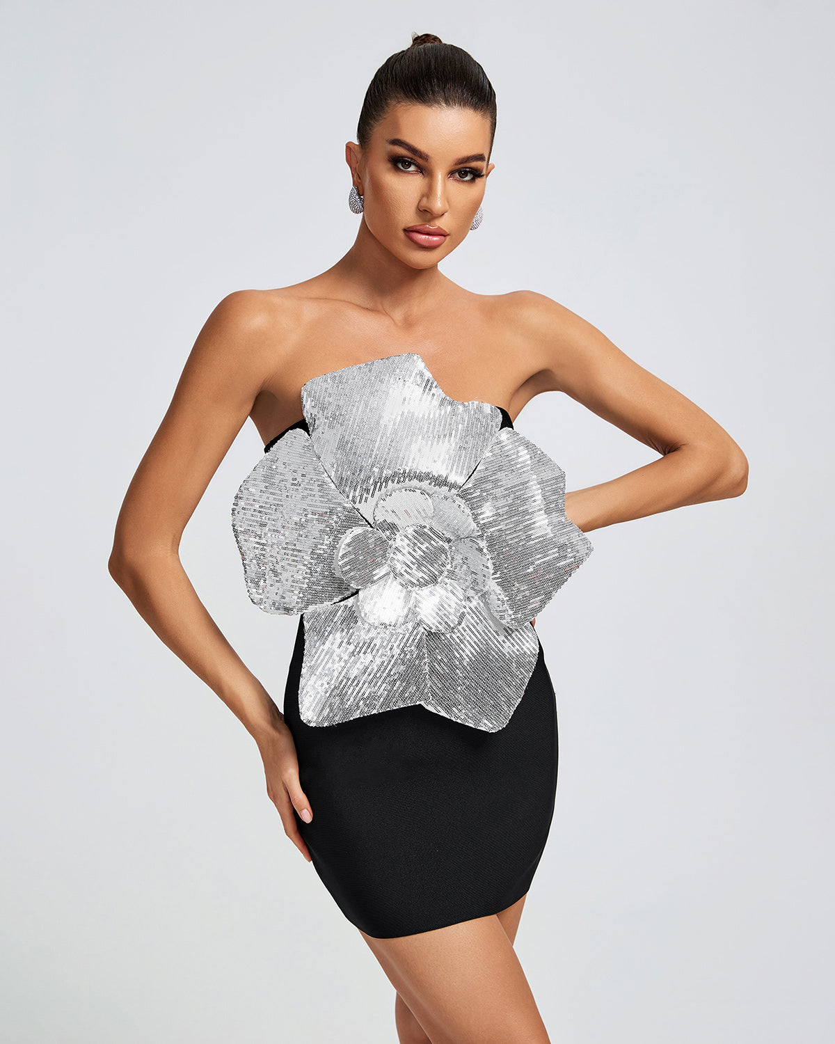 silver bandage dress Silvery Faux-Flower Mini Bandage Dress PP24042
