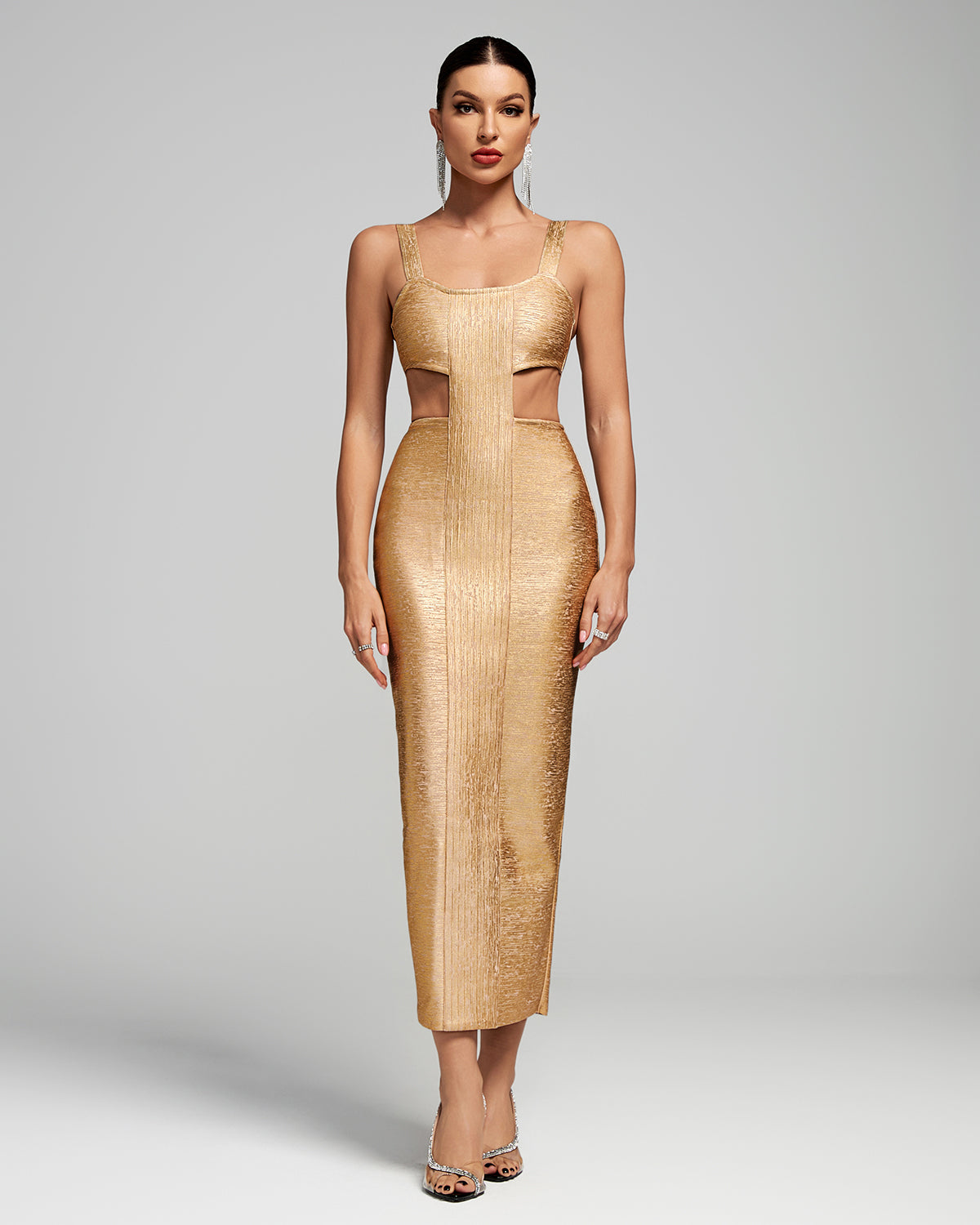 Gold Women' Metallic Backless Bandage Long Dress by Wolddress Resort Wear Gold Women' Metallic Backless Bandage Long Dress by Wolddress Resort Wear