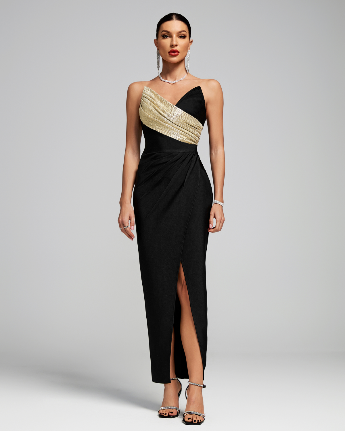 Gold Women' Strapless Gold-Pleated Front Slit Bandage Dress by Wolddress Birthday Party Gold Women' Strapless Gold-Pleated Front Slit Bandage Dress by Wolddress Birthday Party