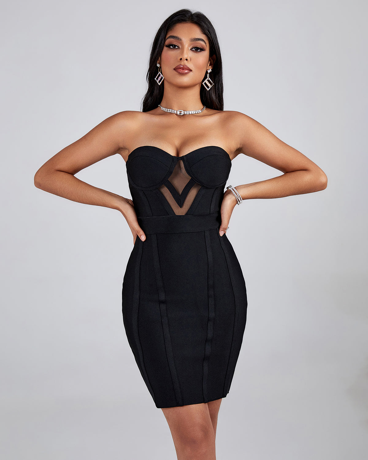 Strapless Cutout Mesh Mini Bandage Dress Strapless Cutout Mesh Mini Bandage Dress