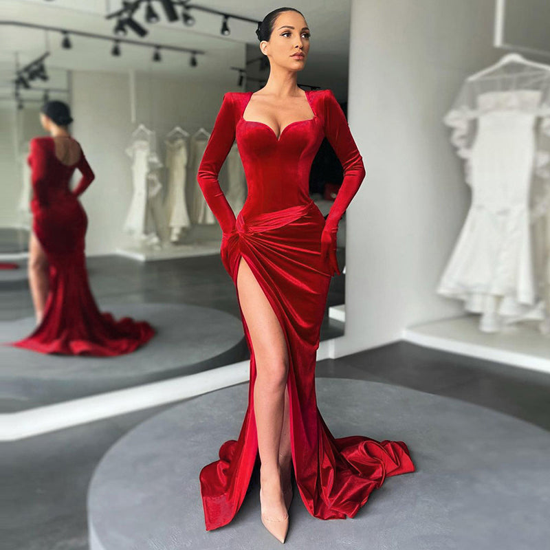 long sleeve red velvet maxi dress Merlot V-Neck Velvet Maxi Dress - Event Dresses