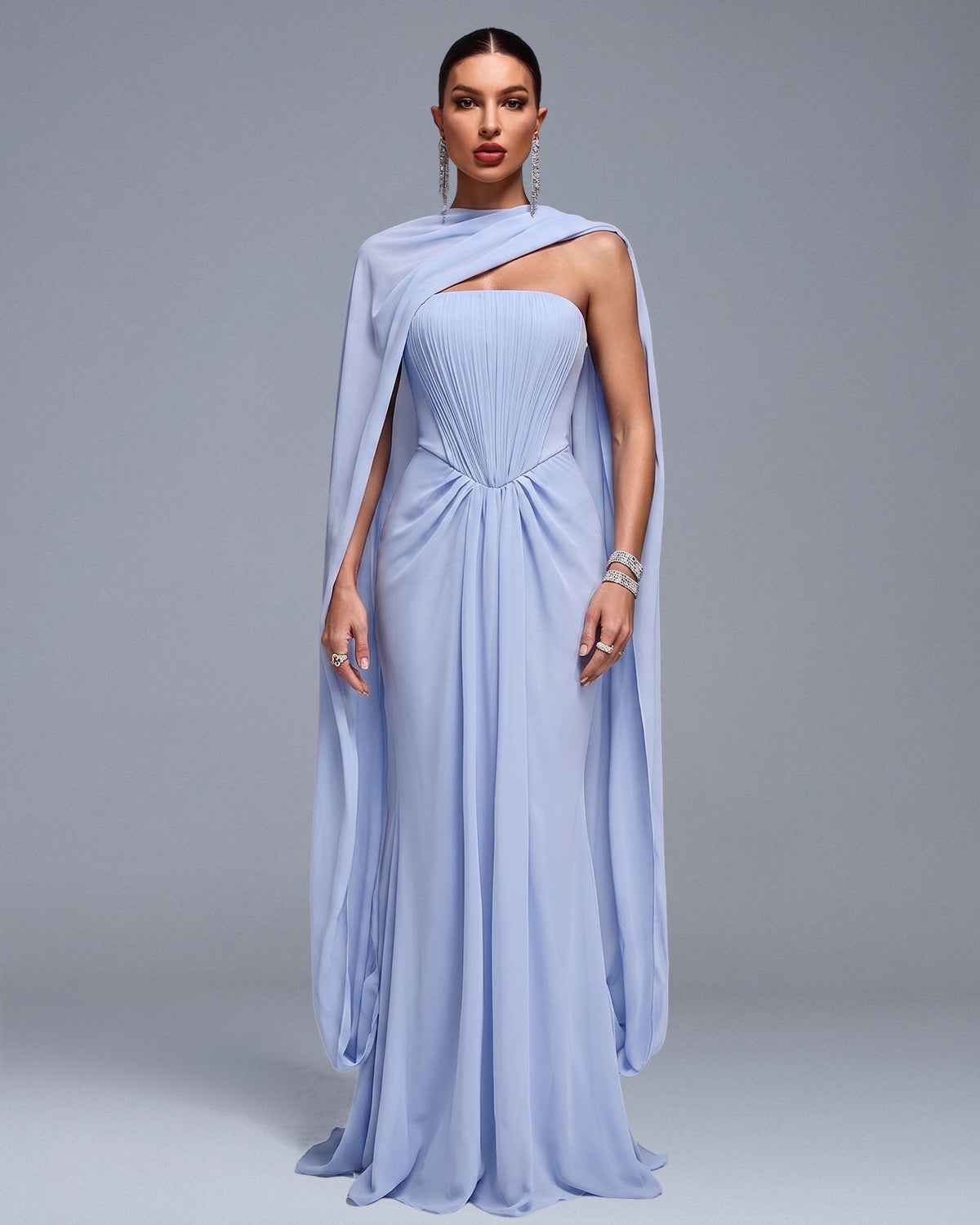chiffon pleated cape dress Chiffon Pleated V-Neck Cape Sleeve Maxi Dress  JardinVue