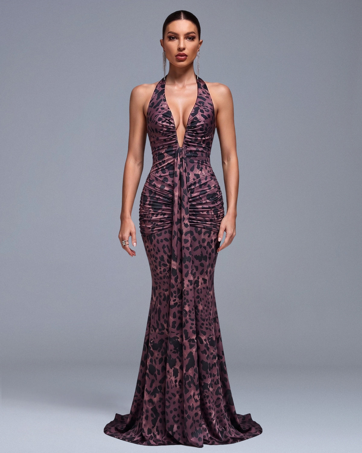 Deep-V Leopard Print Ruched Maxi Dress ZNSBA1868 | Wolddress wolddress Deep-V Leopard Print Ruched Maxi Dress ZNSBA1868 | Wolddress wolddress