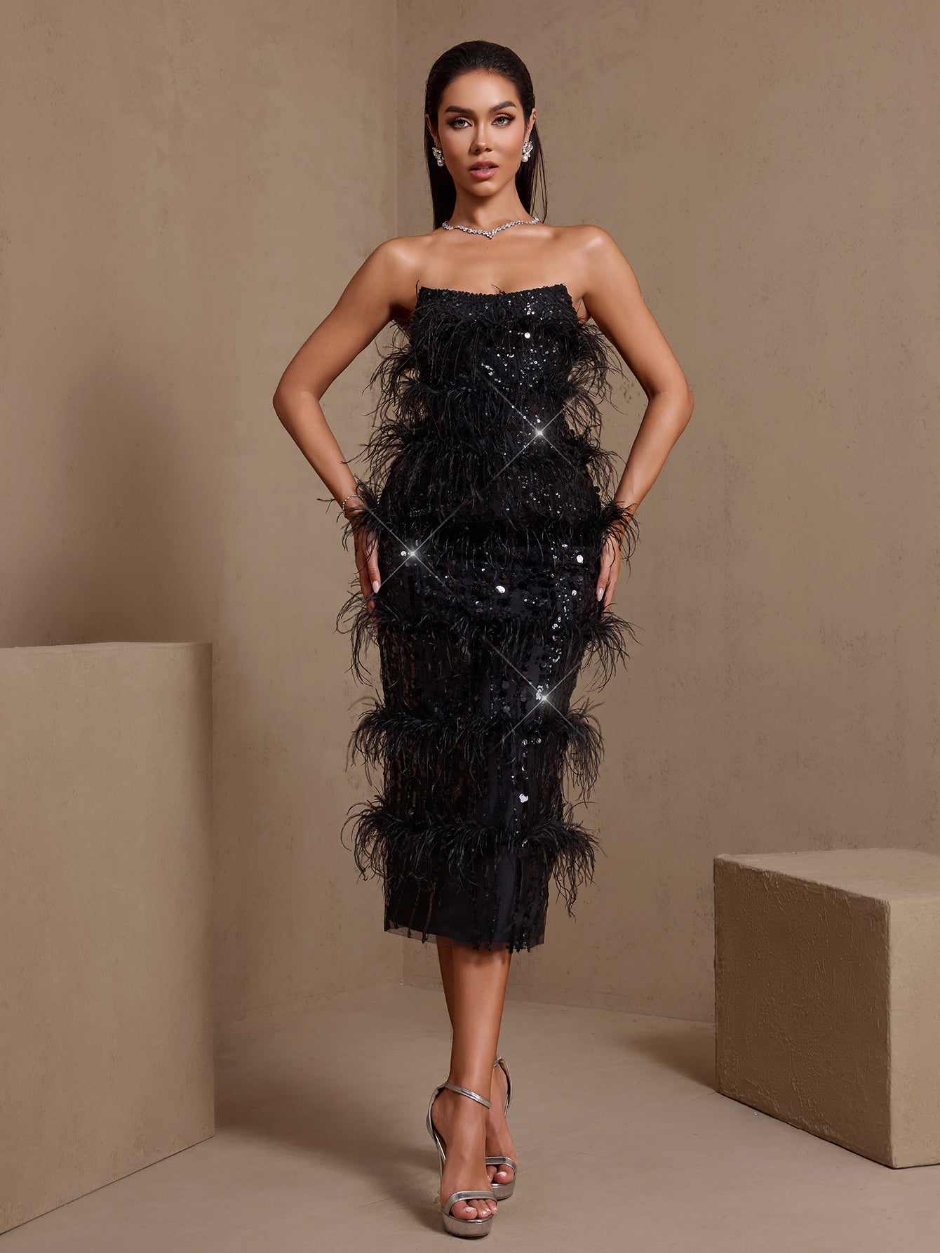 Strapless Feather Sequins Midi Dress ZNSBA707