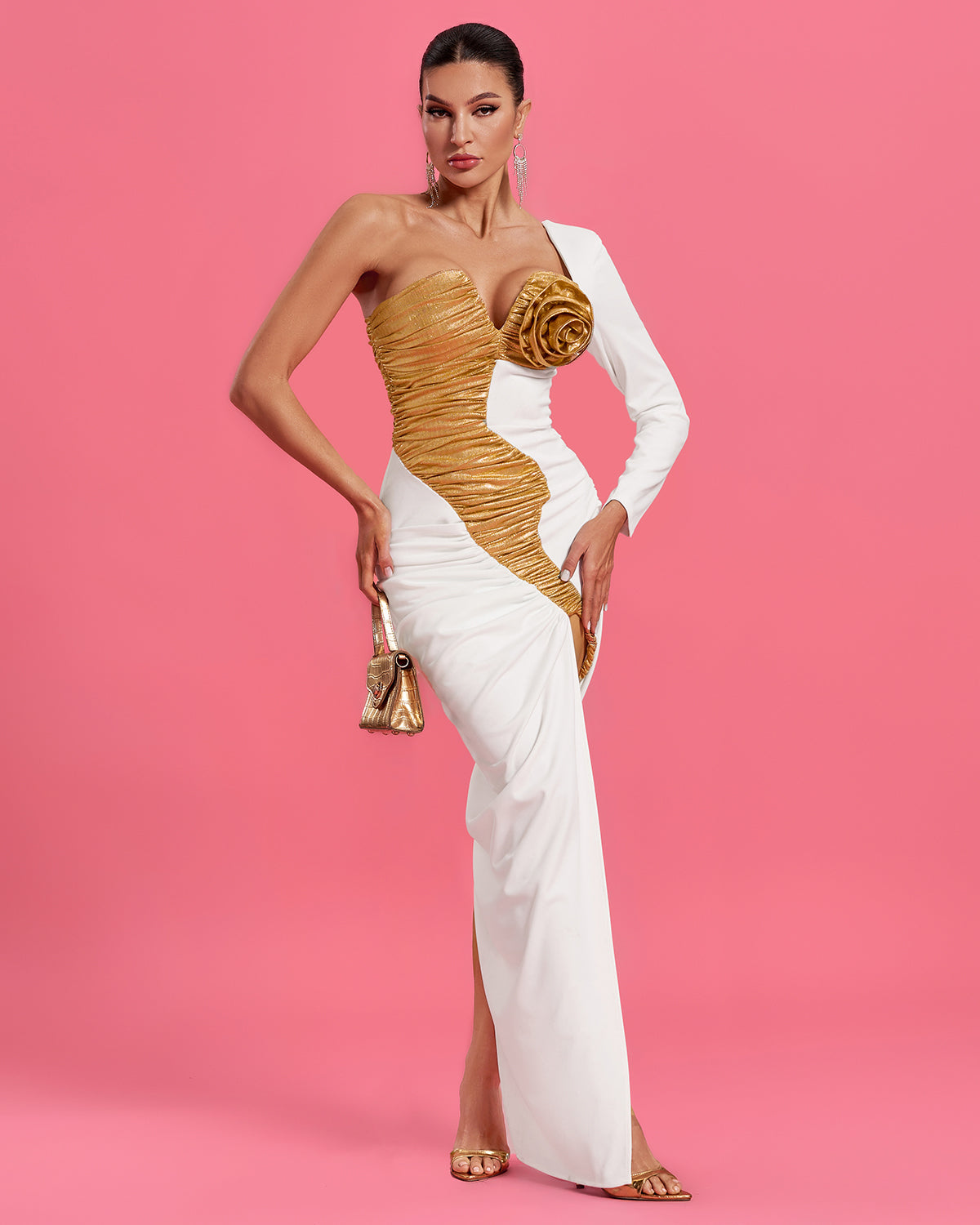 Gold-rose Detail High Slit Medusa Maxi Dress Gold-rose Detail High Slit Medusa Maxi Dress