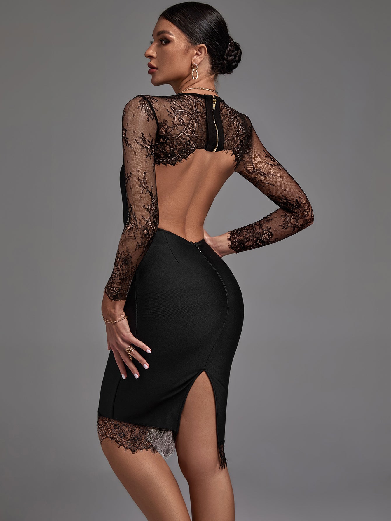Round Neck Long Sleeve Lace Midi Bandage Dress