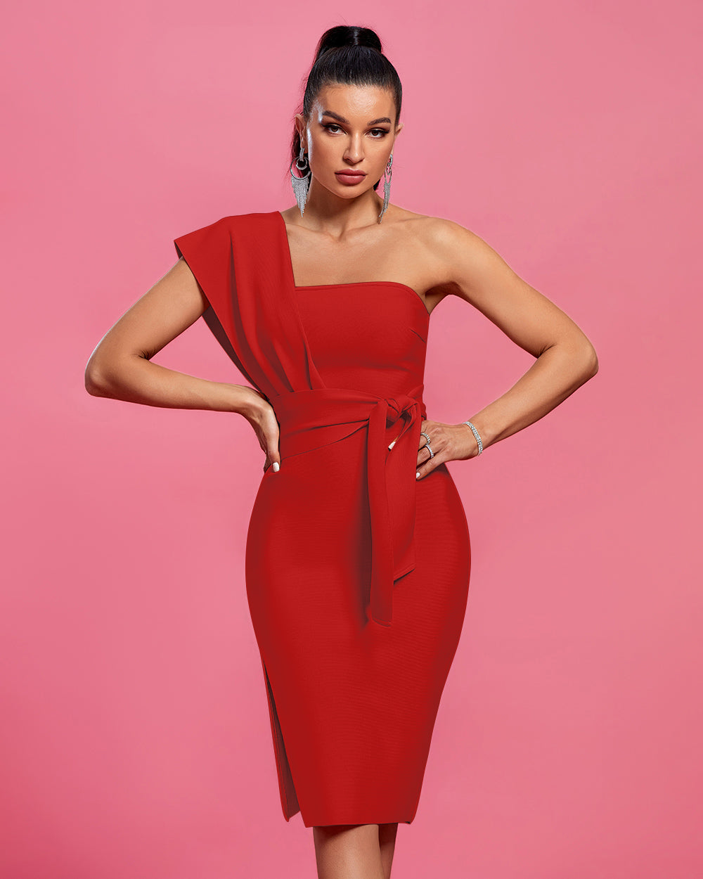 one shoulder belted dress Cupshe Leaf Print One-Shoulder Belted Dress