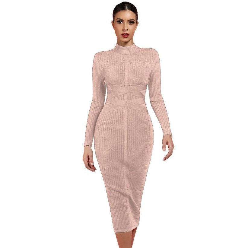 Round Neck Long Sleeve Striped Over Knee Bandage Dress PF1201 27 in wolddress