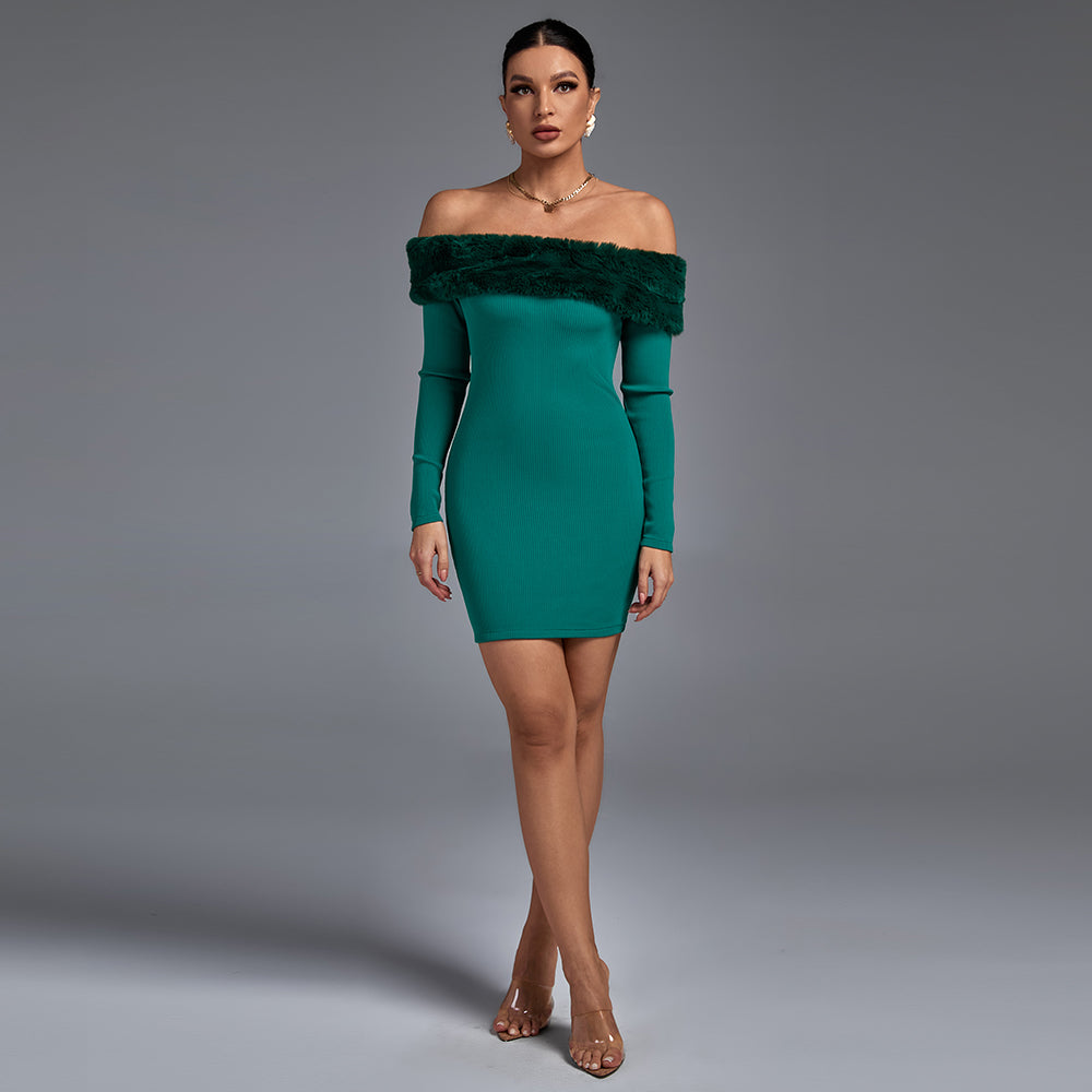 Green Long Sleeve Hairy Mini Bandage Dress PF19235 | Wolddress wolddress Green Long Sleeve Hairy Mini Bandage Dress PF19235 | Wolddress wolddress