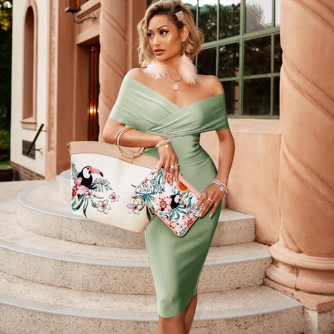 Pink Women' Rose Off Shoulder Short Sleeve Distinctive Mini Bandage Dress, by Wolddress Summer Party Pink Women' Rose Off Shoulder Short Sleeve Distinctive Mini Bandage Dress, by Wolddress Summer Party