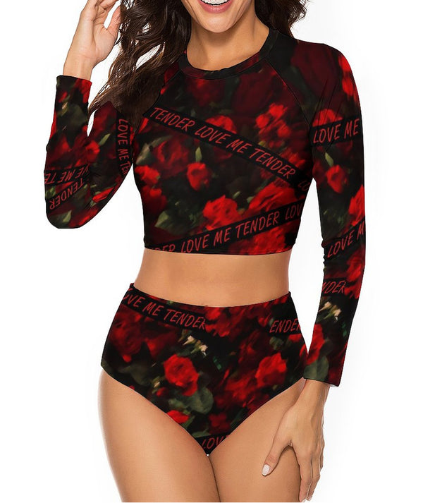 Womens Black-red Rose 2 Piece Sun Protection Bikini Swimwear