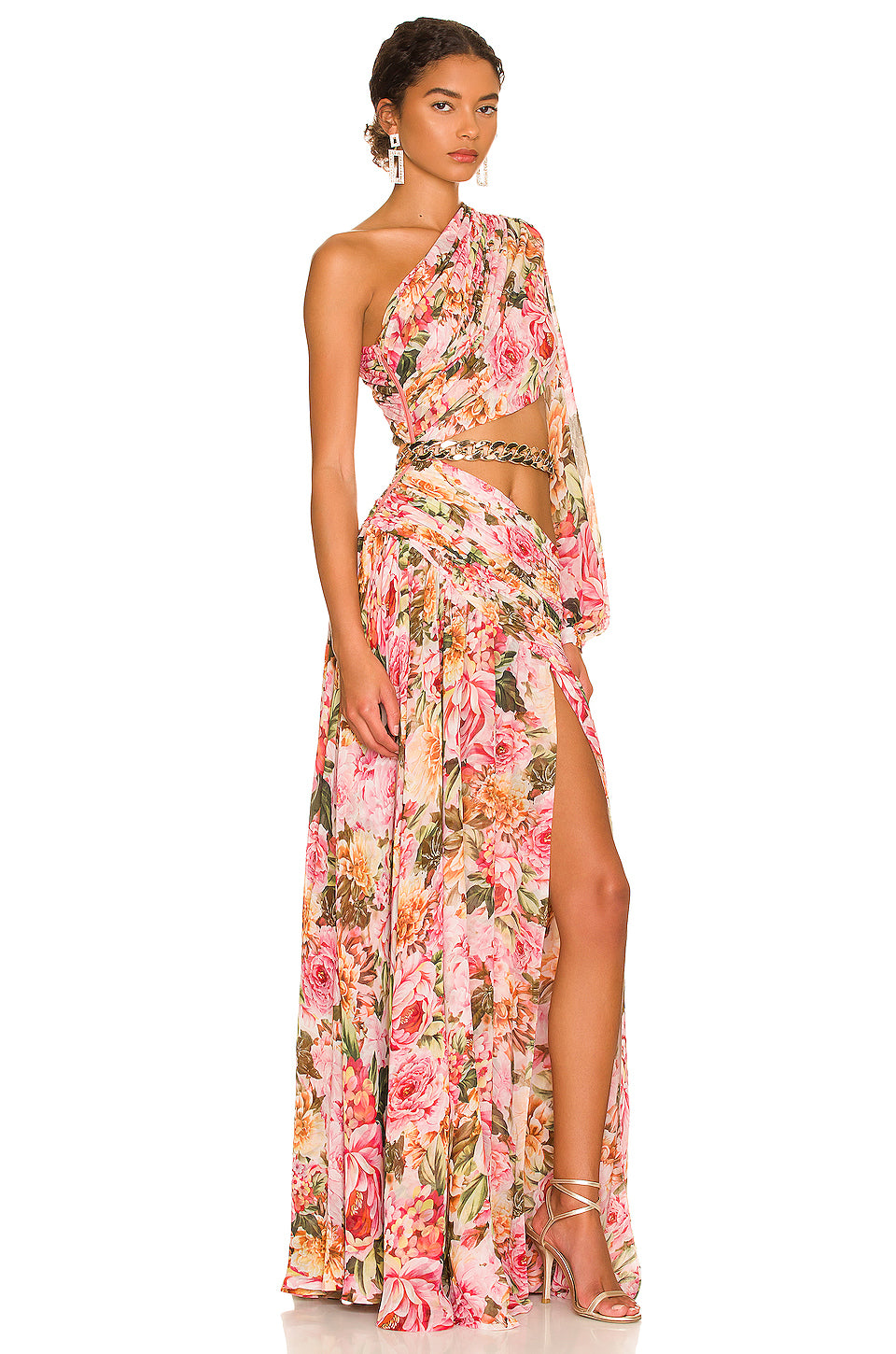 One Shoulder Chain Floral Maxi Dress