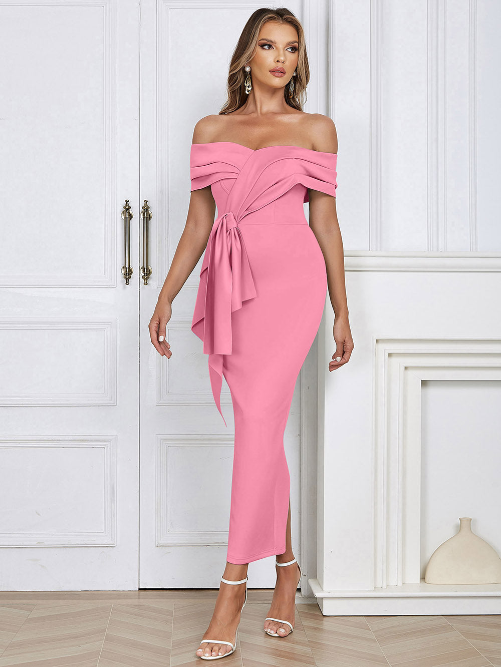 pink bodycon dress short sleeve Slaydiva Plus Size Solid Color Polo Collar Casual Traditional Short Sleeve Bodycon Dress Vacation Dusty Pink Summer